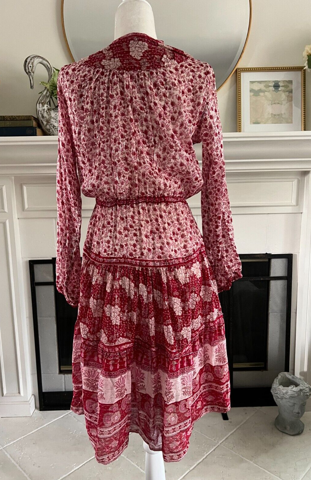 Vintage OH CALCUTTA India Cotton Gauze Hippie Dress Sz M~Red w Silver Thread