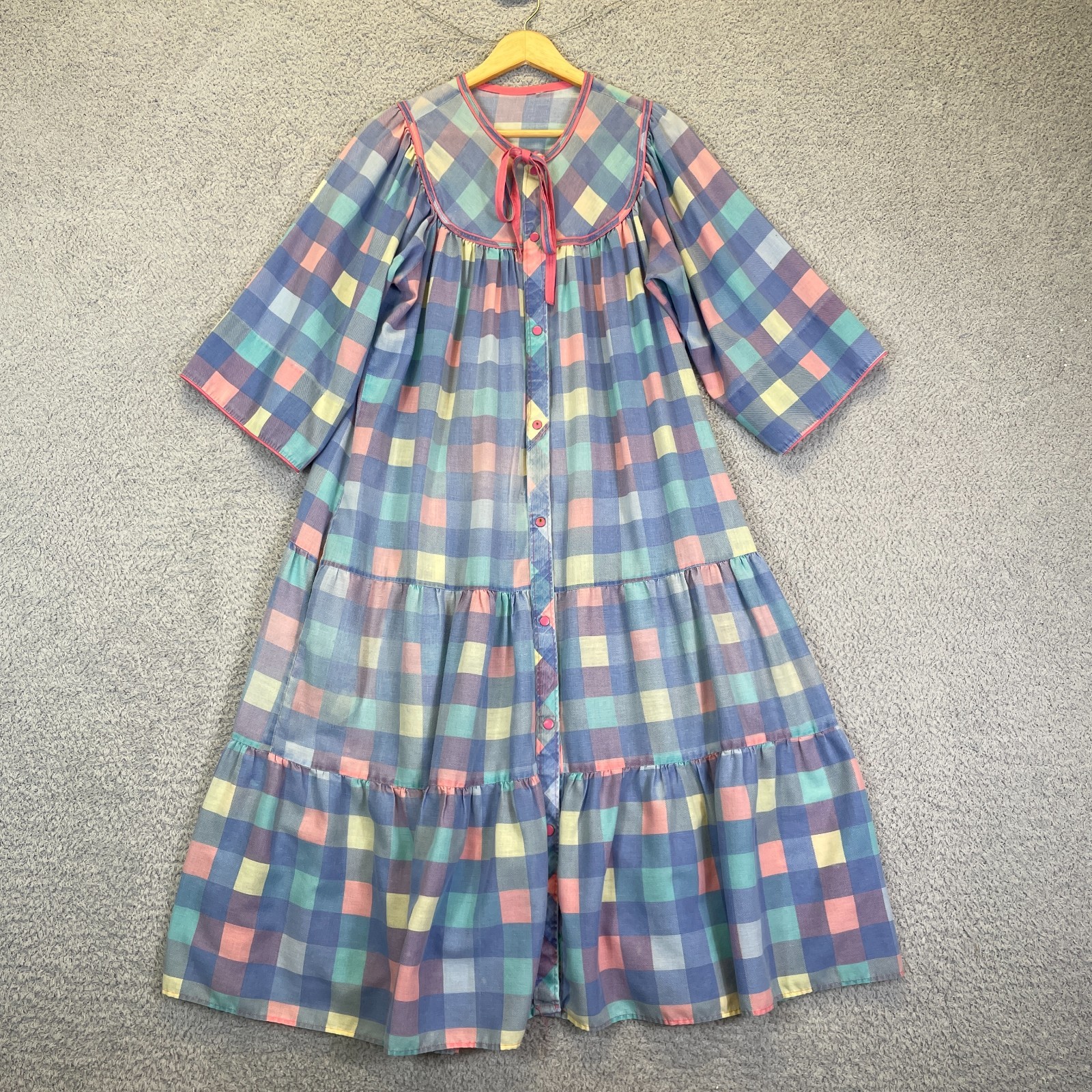VIntage 1980s Pastel Plaid Prairie Dress Muumuu Cottagecore Tiered House Coat XL