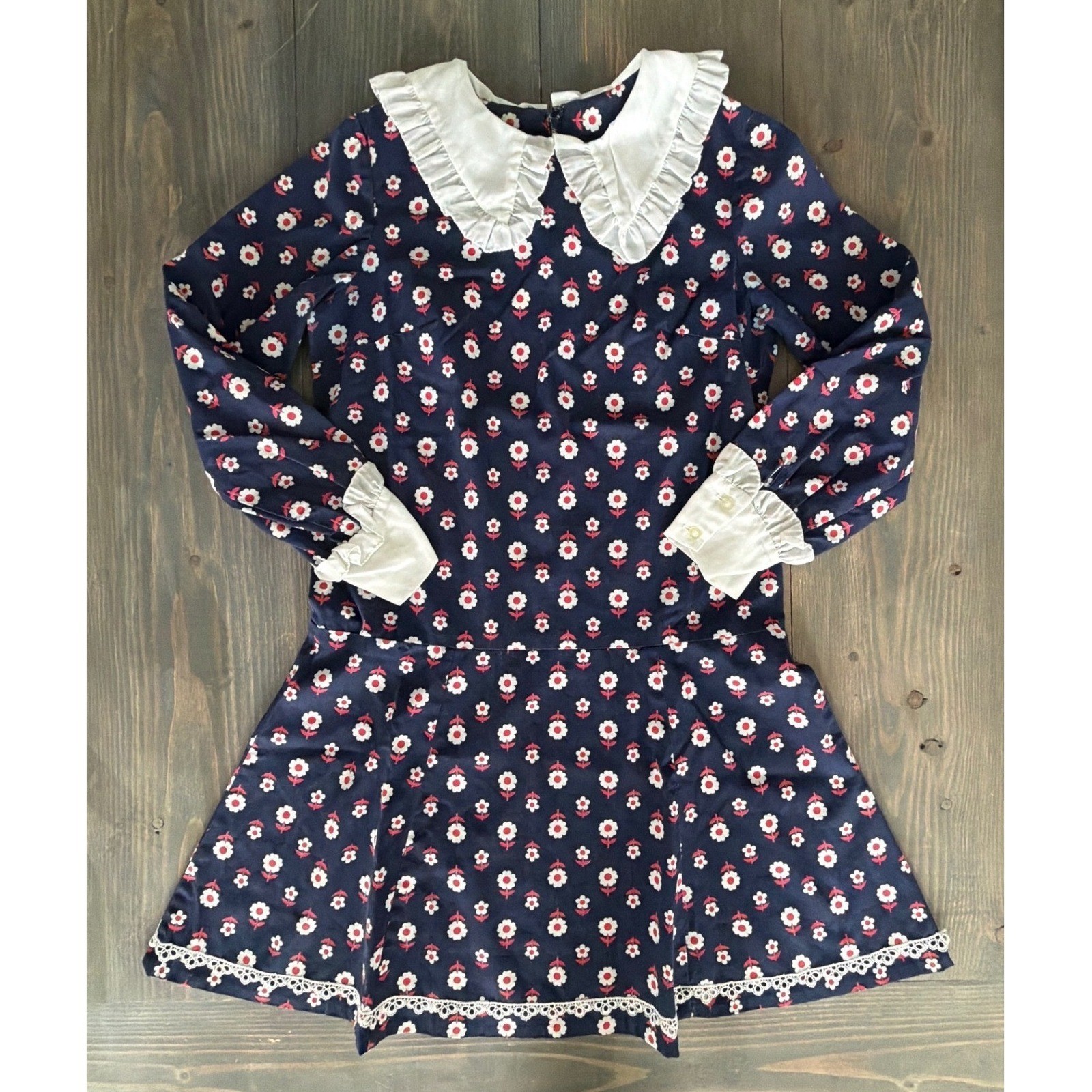 Vtg Sears Jr Bazaar Navy Floral Ruffled Peter Pan Collar Dress Women&rsquo;s Size 11