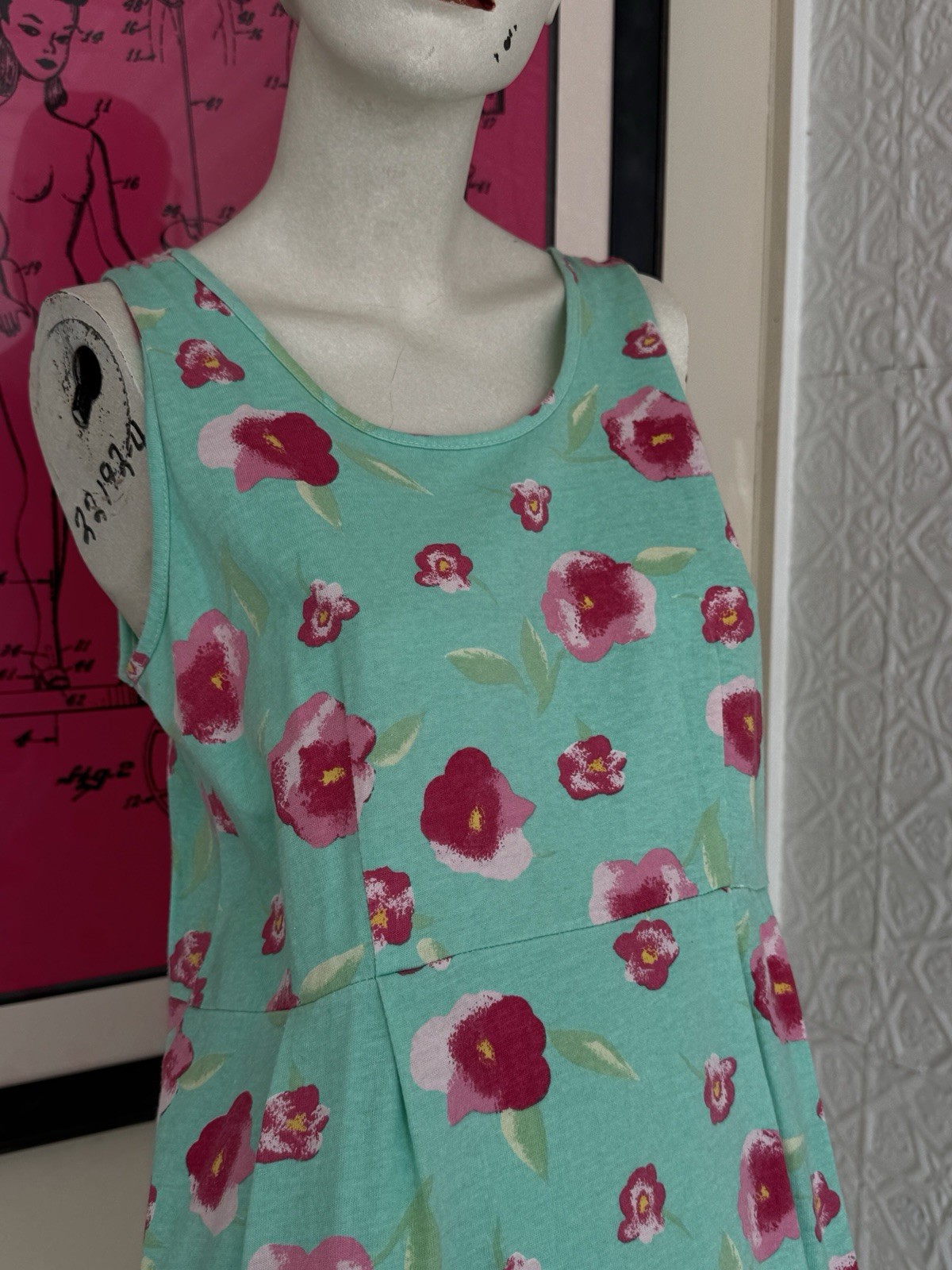 Vintage 1990s Dress Set-Knit-Floral-Spring-Cottage Green Pink-T Shirt-Tank-M
