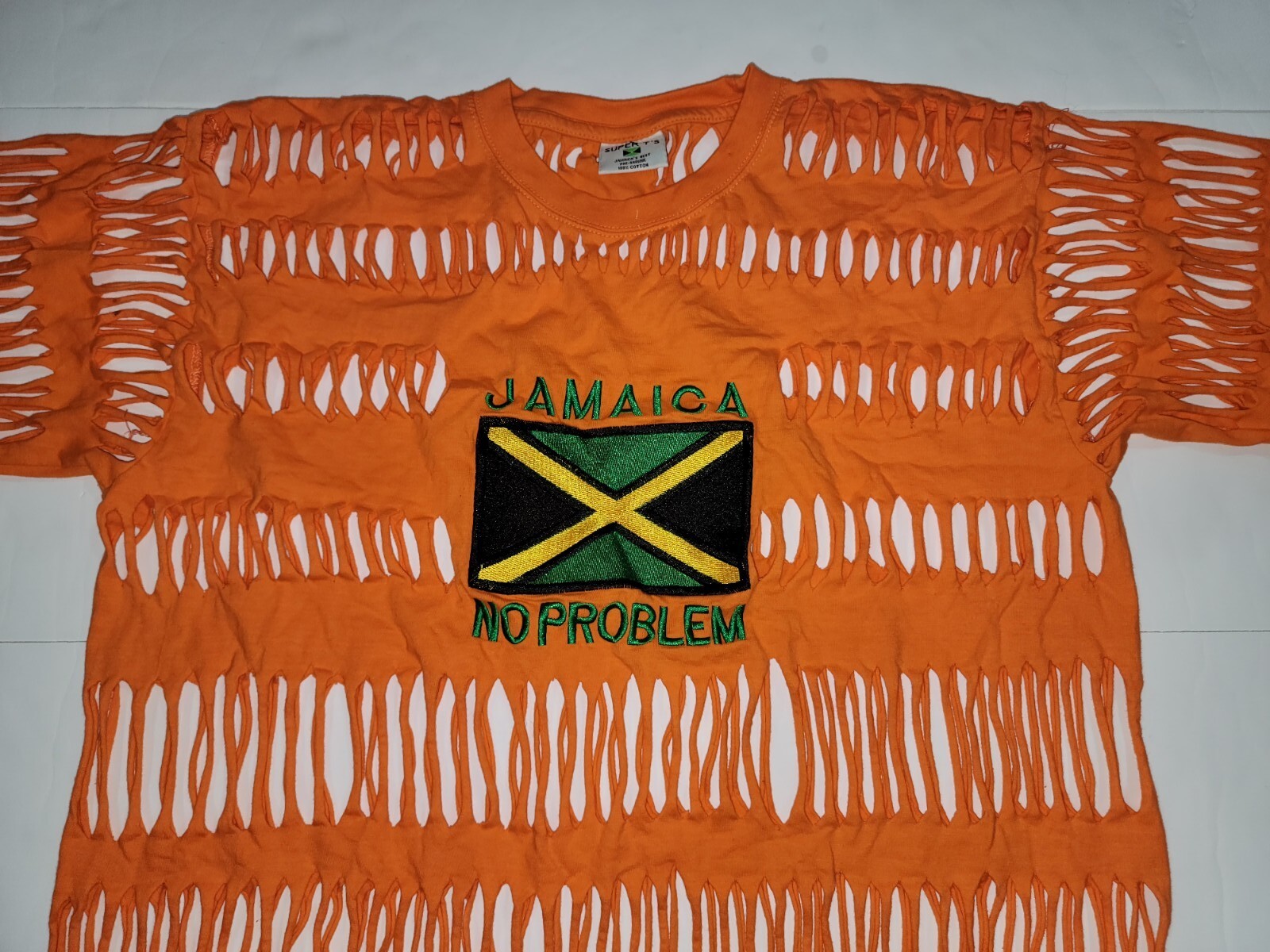 Vintage Super T’s « Jamaica No Problem” Patch Cutout T-Shirt Womens 2XL Orange