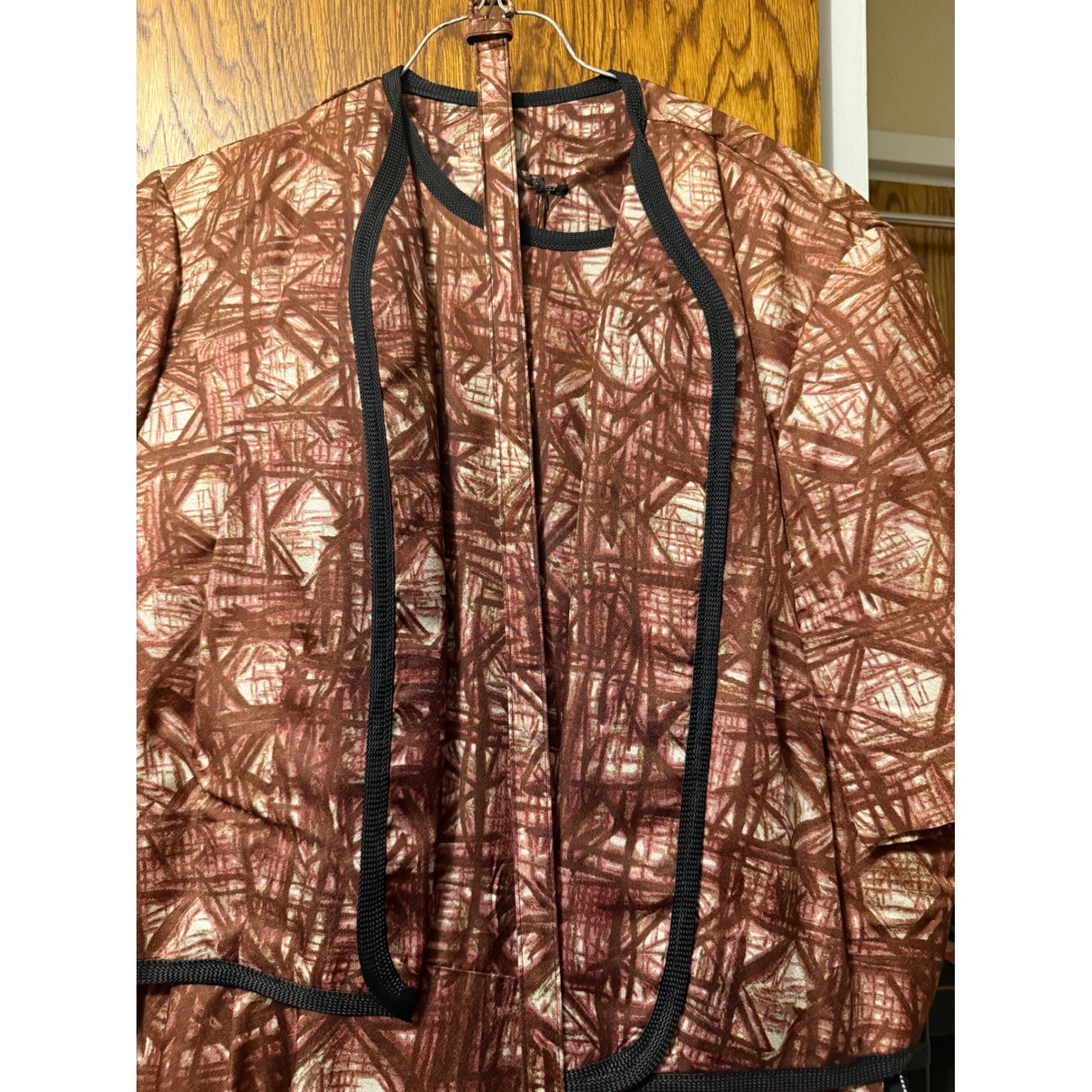 Vintage 50s 60s Abstract Print Dress & Jacket Set Copper Brown MCM Sheath Belted