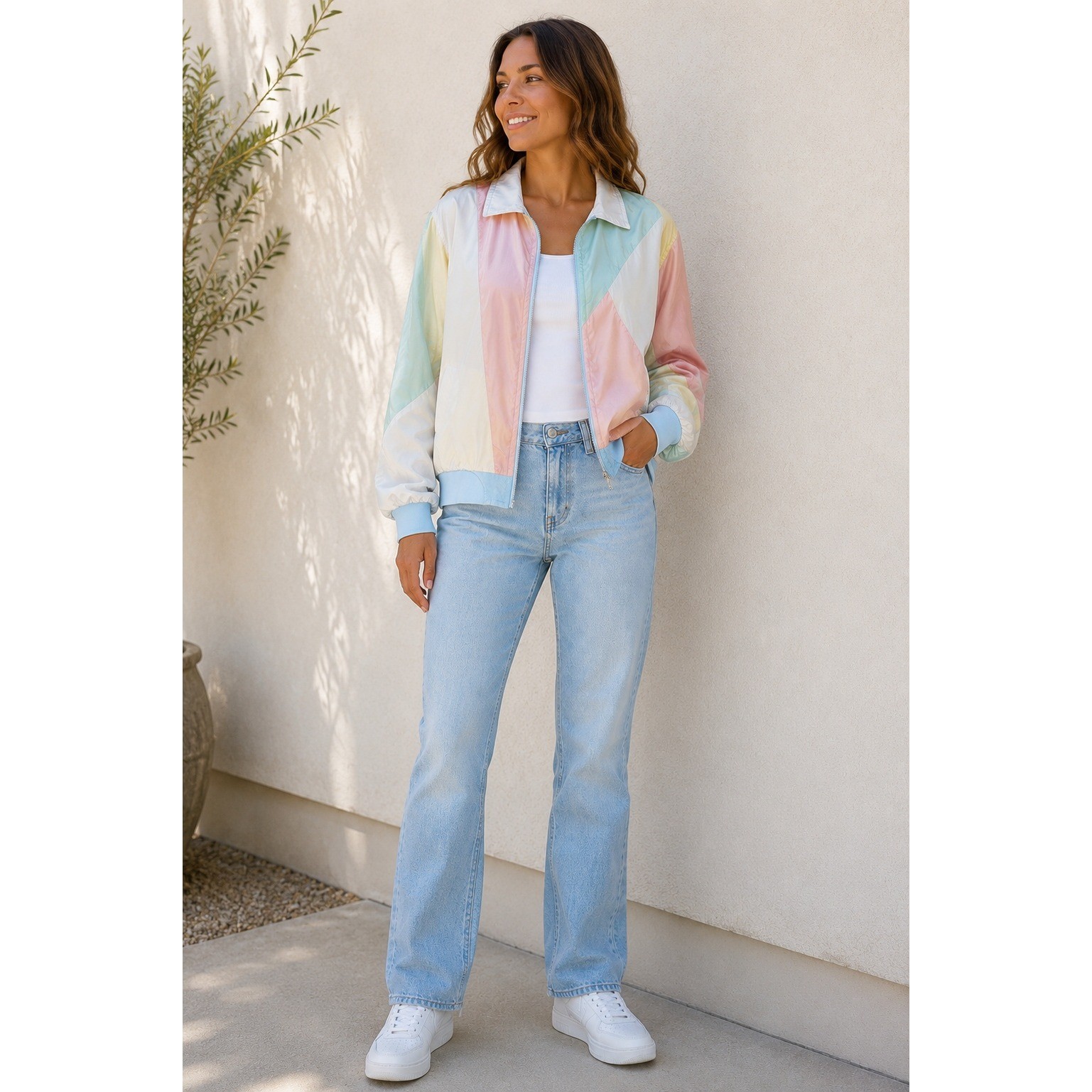 Vintage Blair 100% Silk Colorblock Bomber Jacket Pastel Zip Front Small