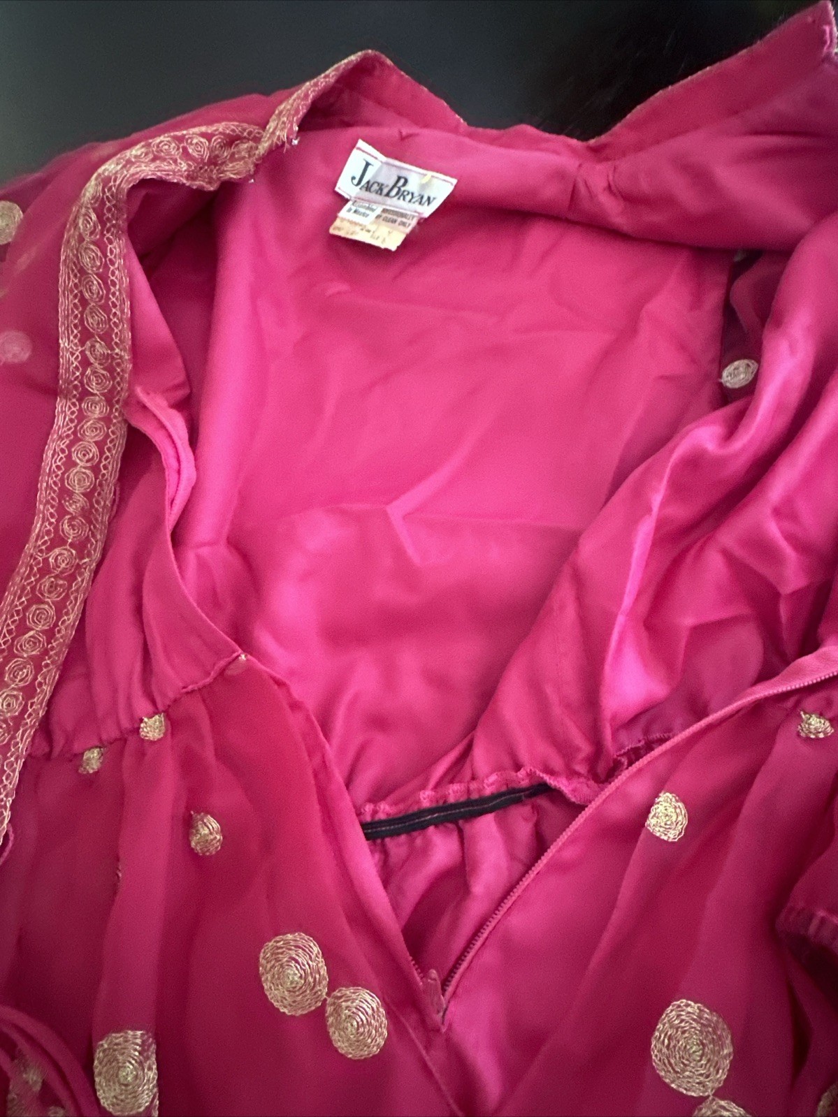 Jack Bryan NWT 70s Raspberry Pink Voile & Gold Embroidery Blouson Maxi Dress S