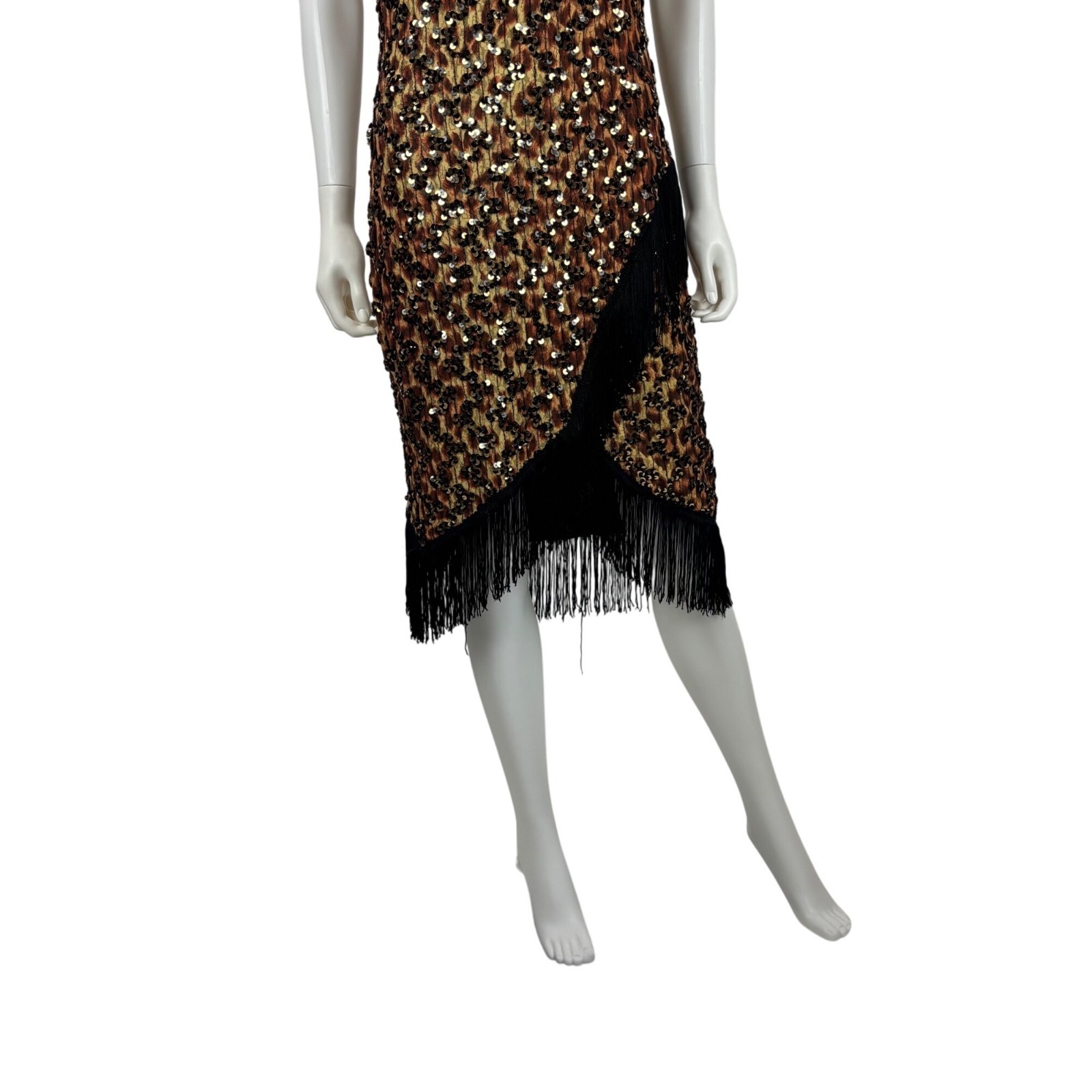 Vintage 90s Flapper Dress Womens Medium Leopard Style Print Sequin Party Fringe