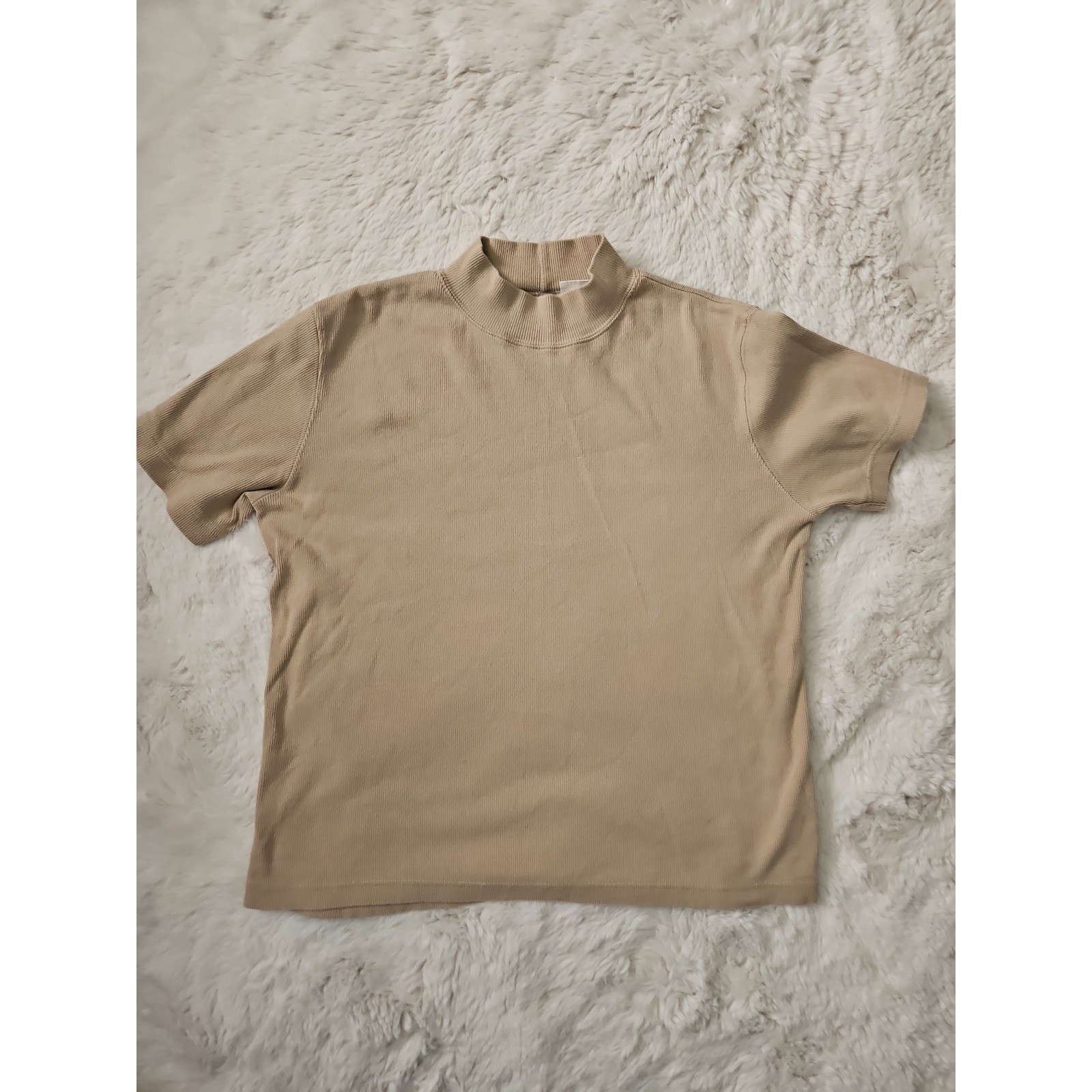 Vintage 90s Basic Editions Ribbed Mock Neck Short Sleeve Top L Tan
