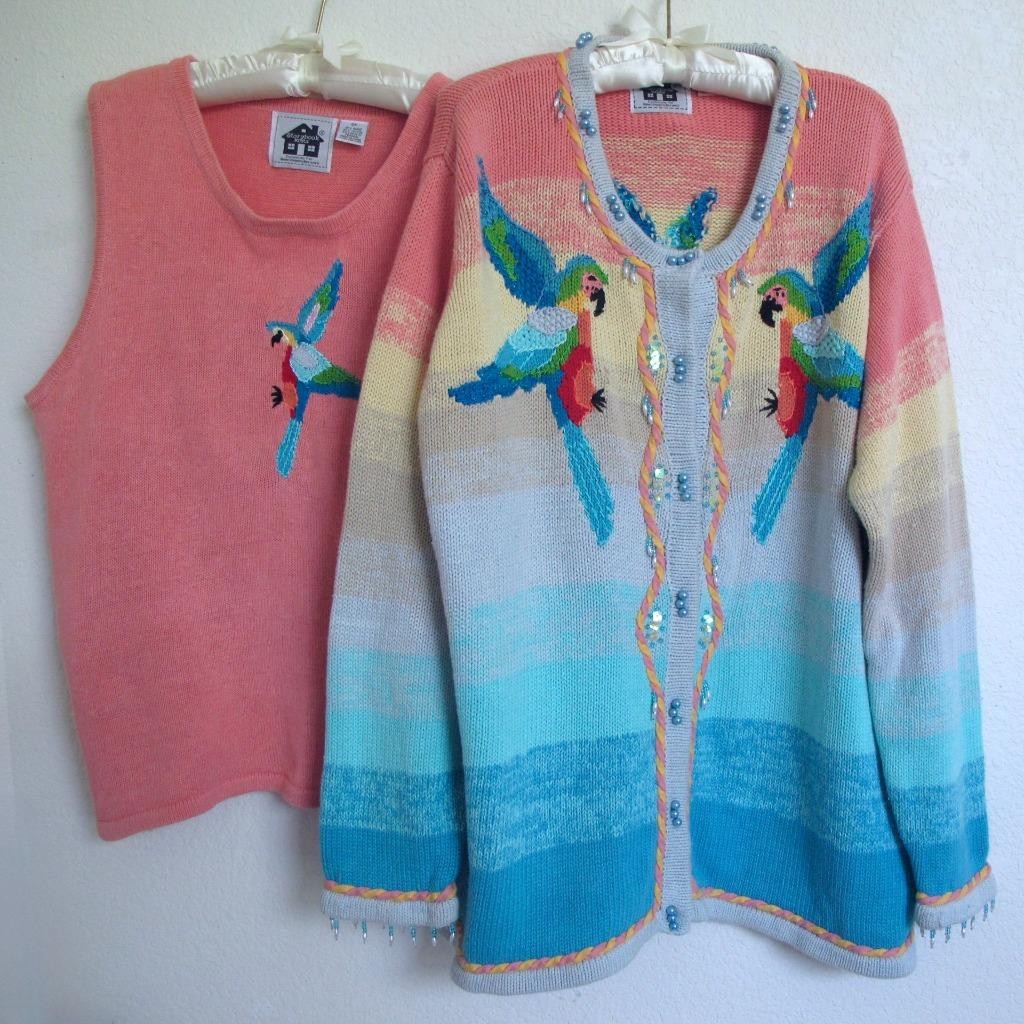 Storybook Handknits Macaw Parrot Sweater Twin Set 2X Cardigan Embellished Beaded