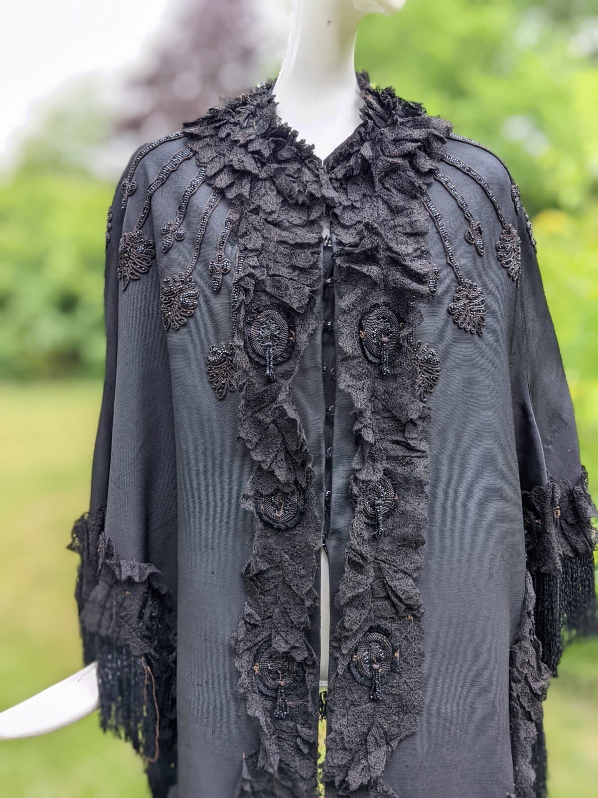 VICTORIAN 1870’S BLACK SILK FAILLE BUSTLE CAPE W BEADS SOUTACHE & LACE