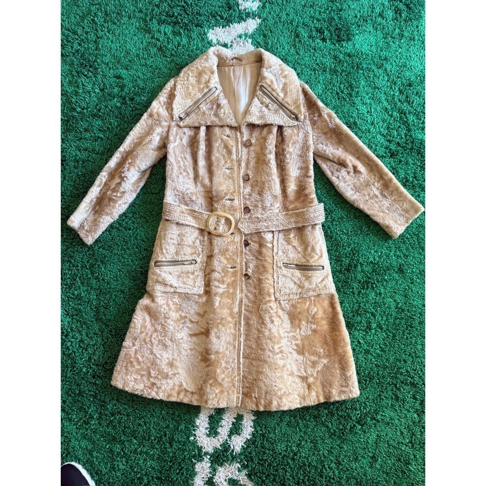Vintage Lamb Fur Coat, Belted, Gold Accents, Fitted, Statement Piece, Warm, Chic