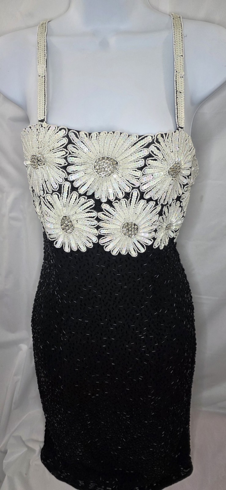 VTG Frank Usher Heavy Beaded & Sequinned 100% Silk Dress Size S 80s 90s Floral
