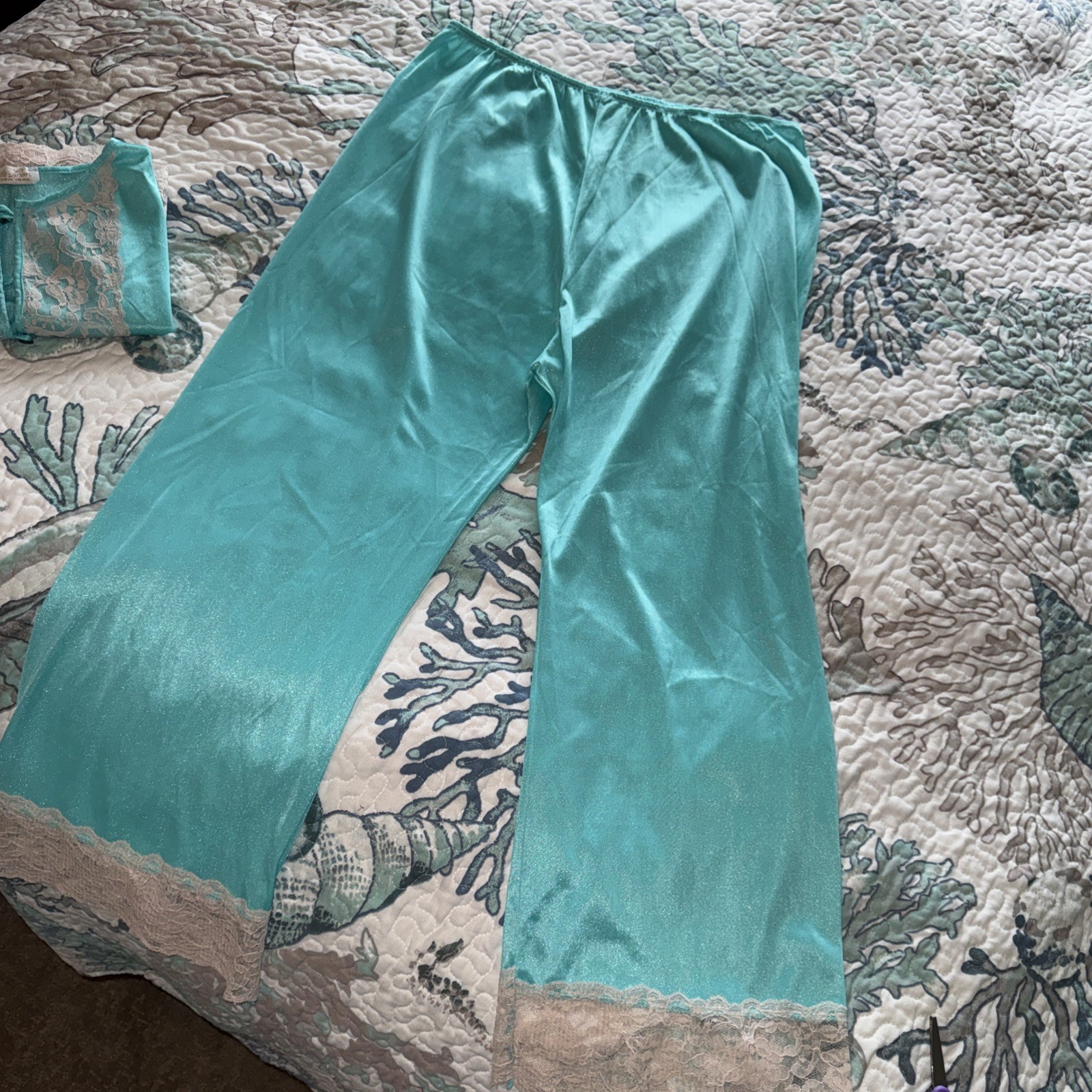 ERICA LOREN Vtg 1970s NYLON Pajama Set AQUA Blue Lace Trim SMALL Boho