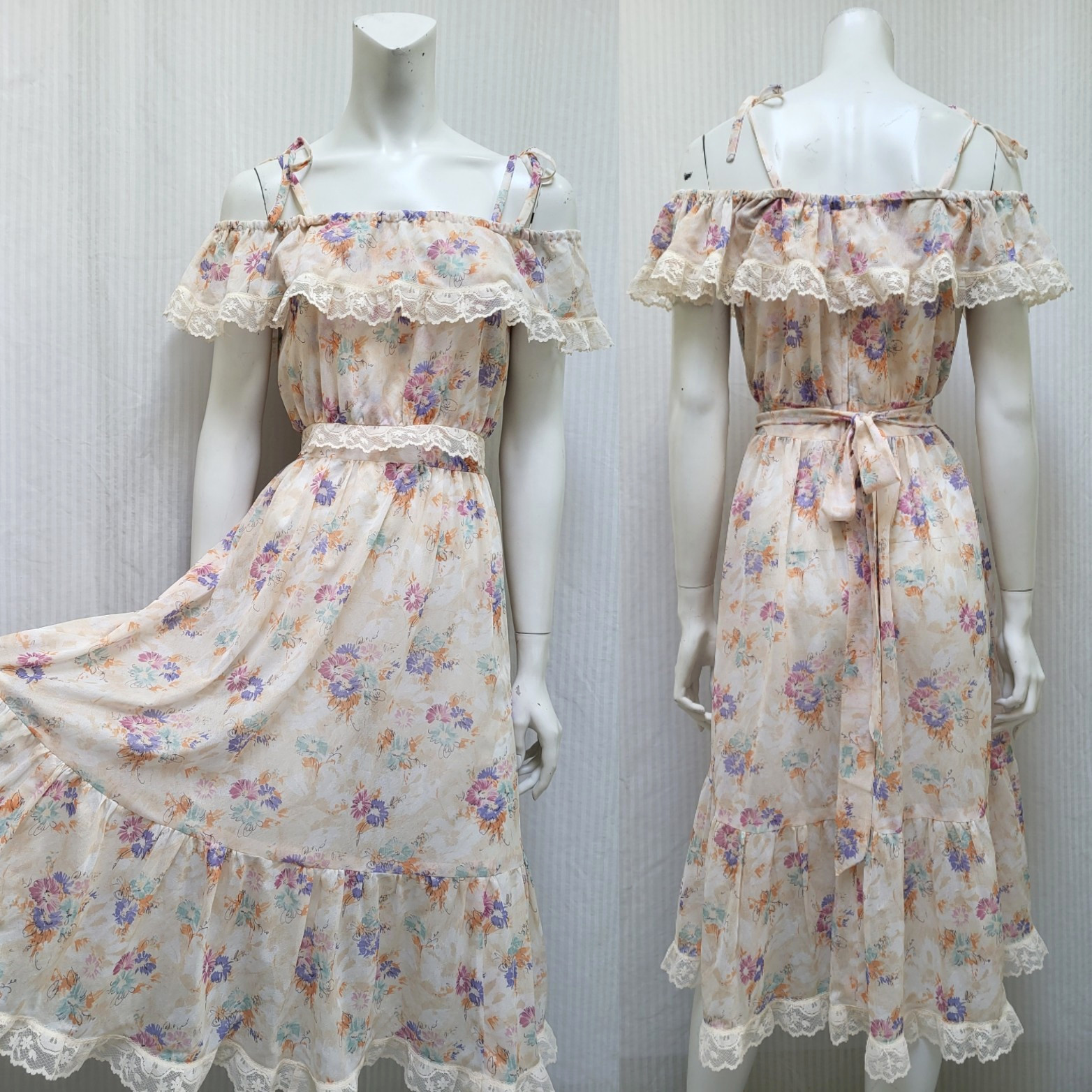 Vintage 1970&rsquo;s Floral Lace Trim Semi Sheer Off Shoulder Sun DRESS – Size S – EUC
