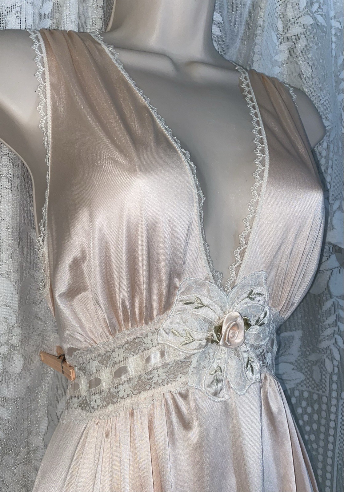 VTG S M FANCY LORRAINE PEACH SOFT Nylon WRAP Peignoir Robe Nightgown w Lace SET