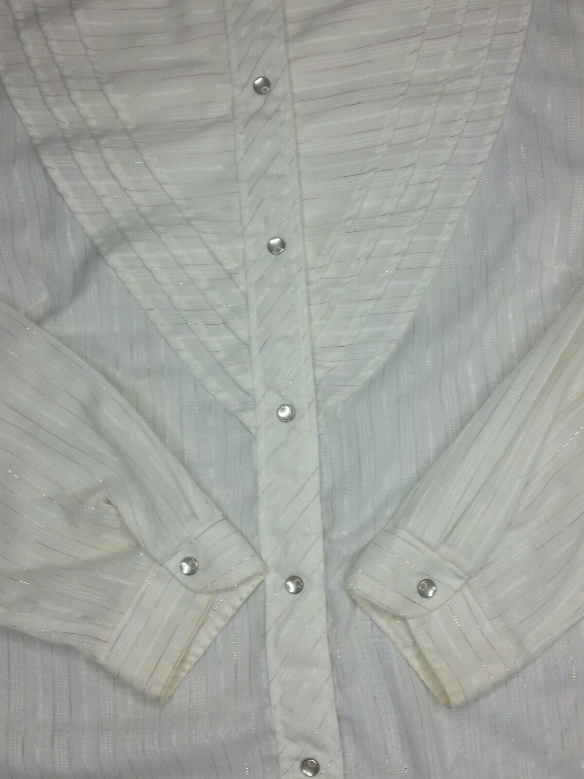 Vintage Womens Fenton Western Shirt Pearl Snaps Ruffled Yoke Metallic Med/LG USA