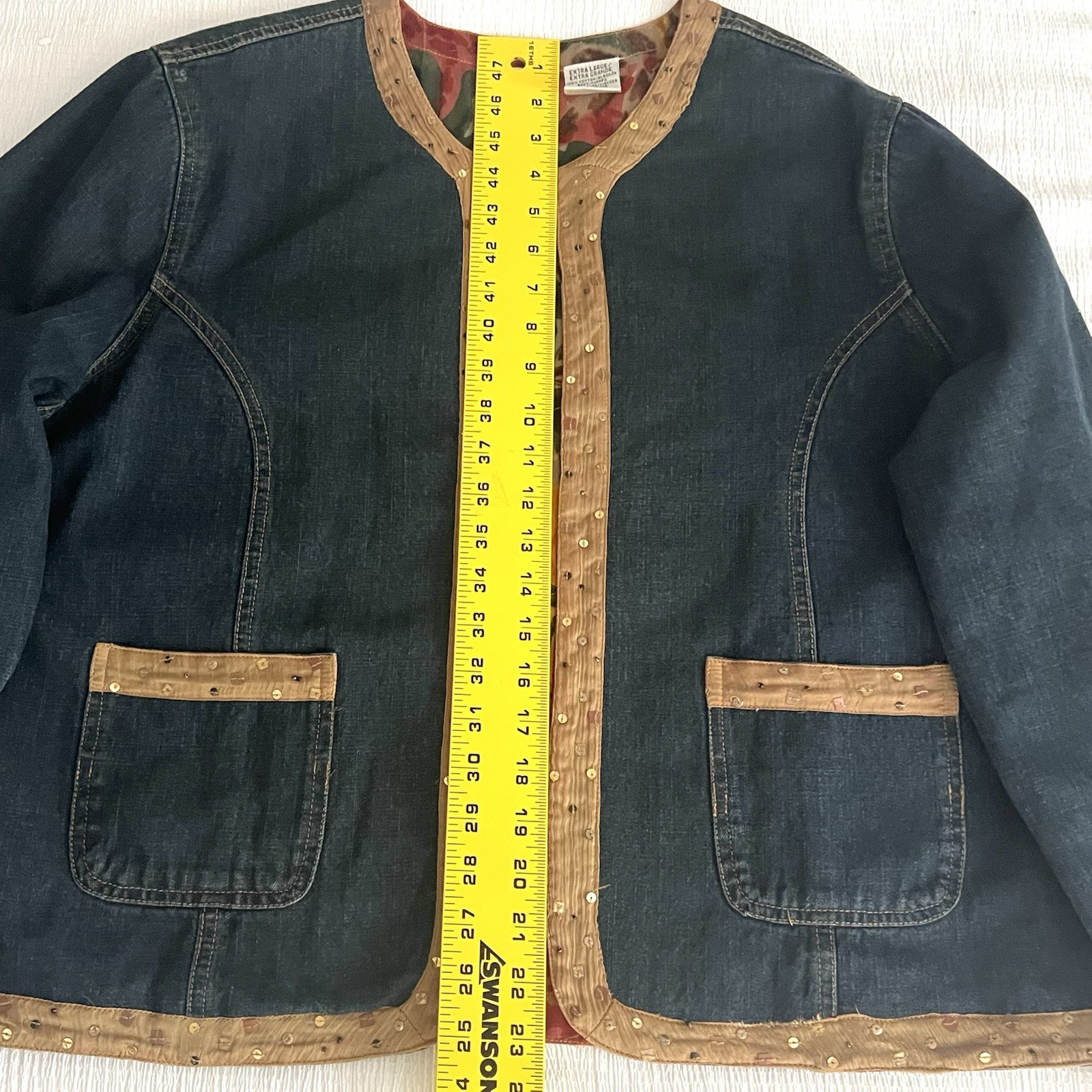 Vintage Units Denim Jacket Reversible Floral Art To Wear Sequins Womens XL FLAW
