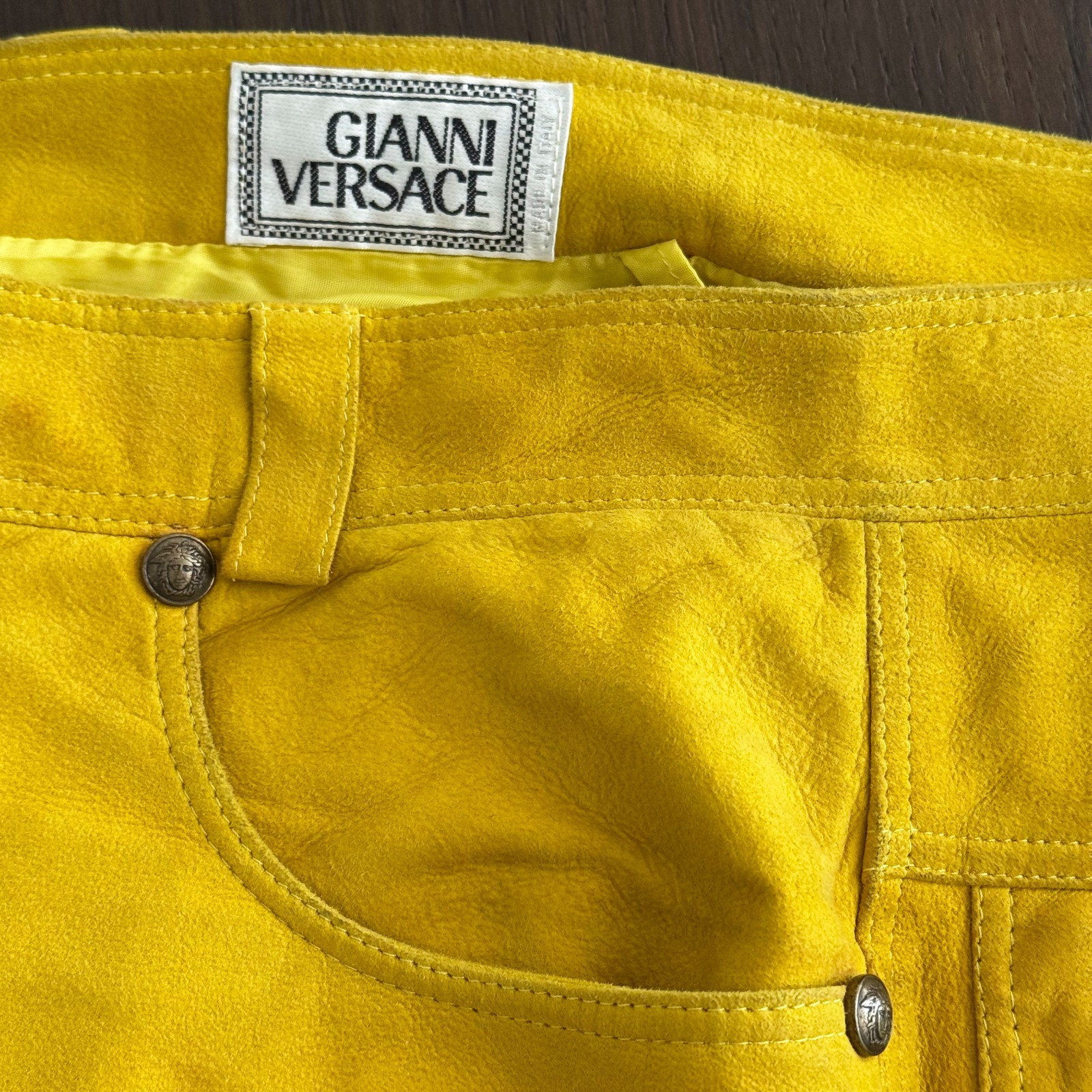 GIANNI VERSACE mustard yellow suede pants size 38/XS from F/W 1994/95