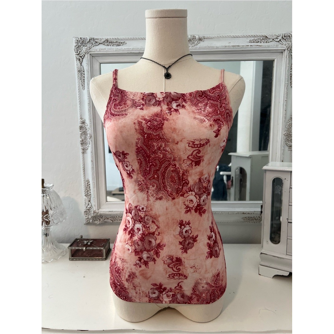 vintage y2k pink paisley print cami tank top