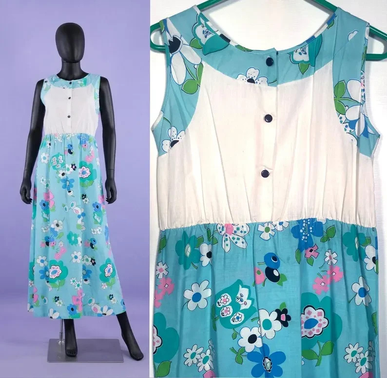 Vintage 1960s/70s Lightweight Cotton Bold Floral Print Maxi Dress Size S/M