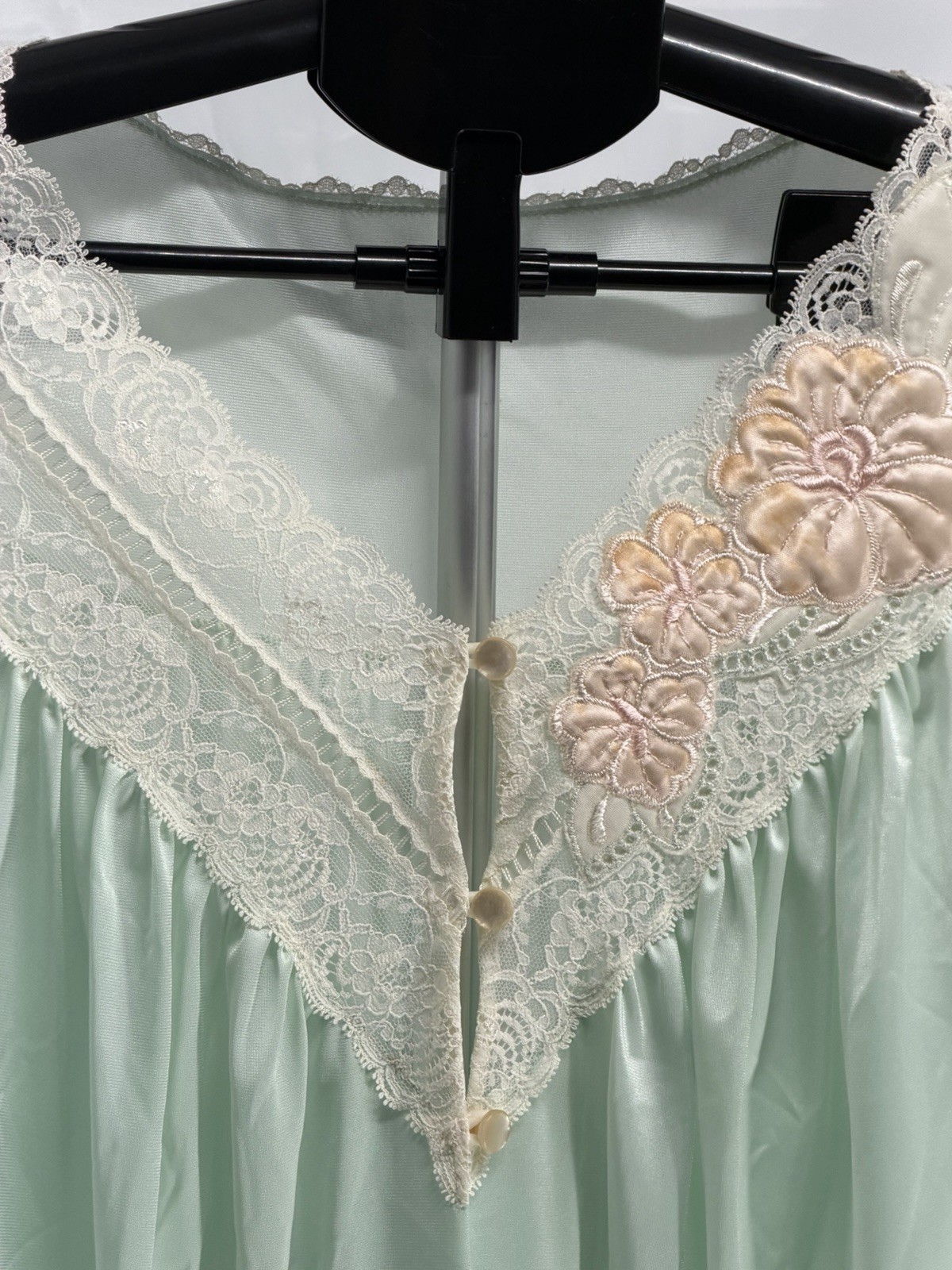 Vintage 70s Shadowline Aqua Mint Lace Robe Nightgown Size Large Sheer Dressing