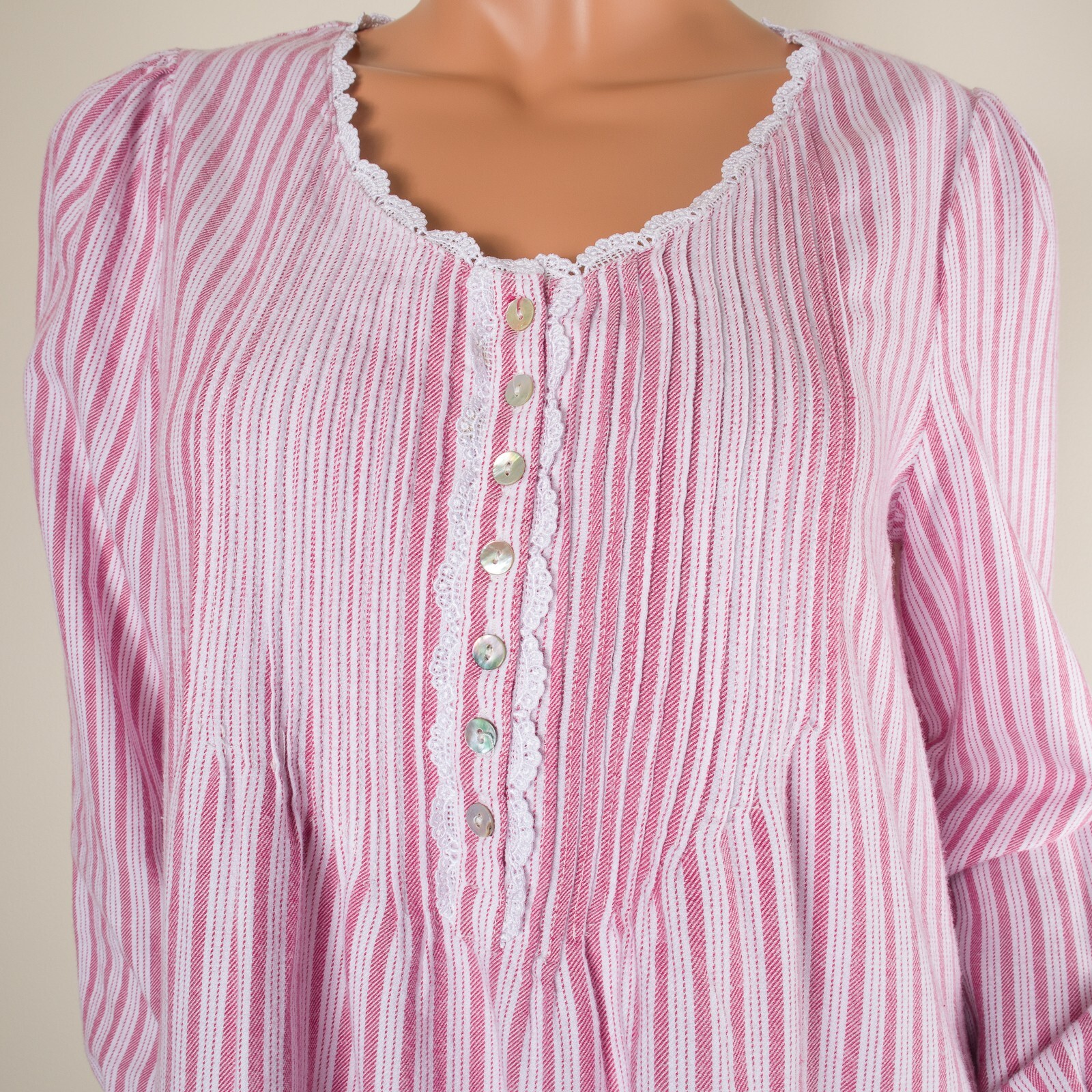 💖 EILEEN WEST Red Pin Striped Flannel Nightgown Long Sleeve Pockets Pintucks XS