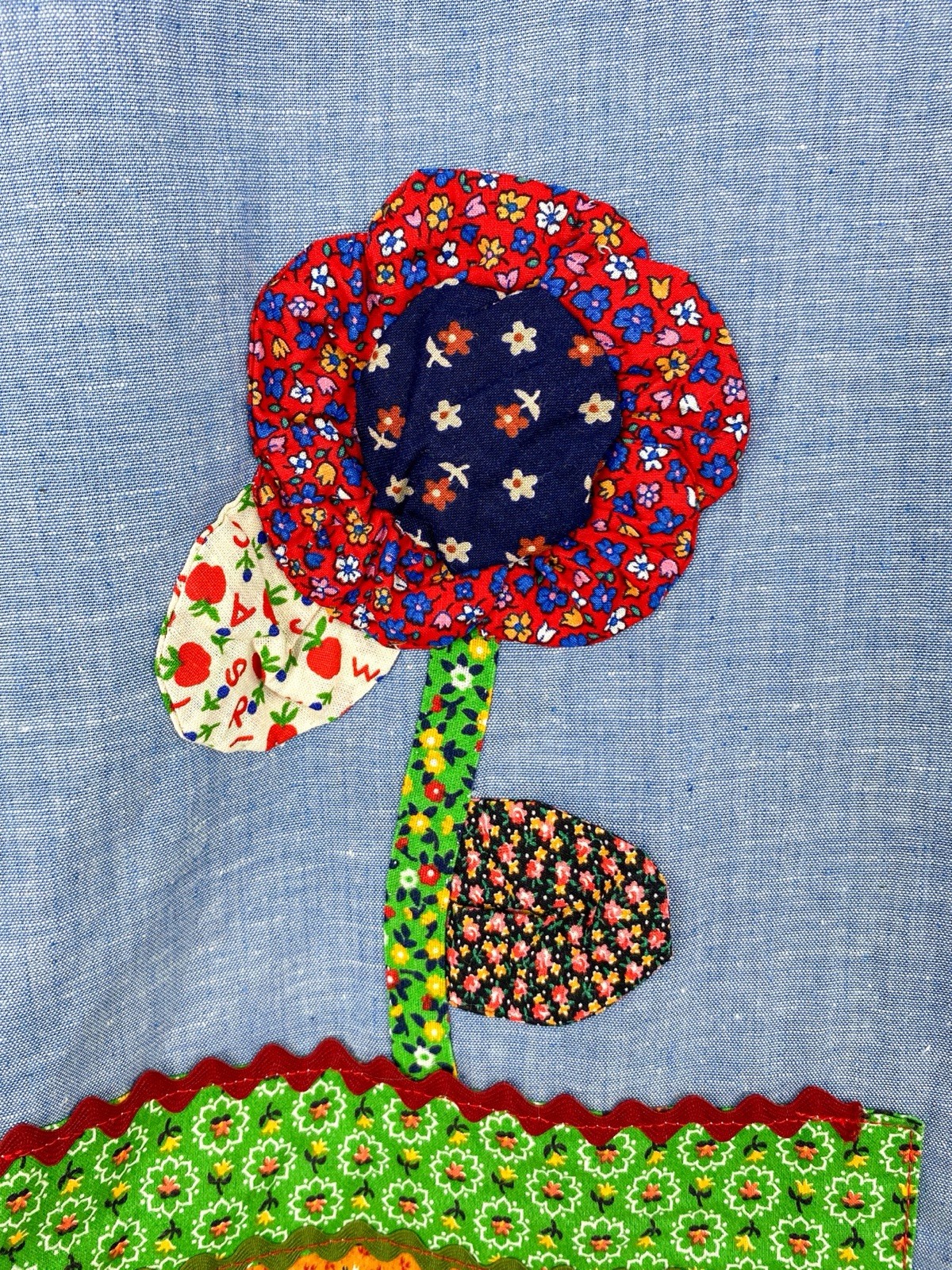 VTG 70s Chambray Patchwork Shirt Calico Flower Strawberry Applique RickRack L