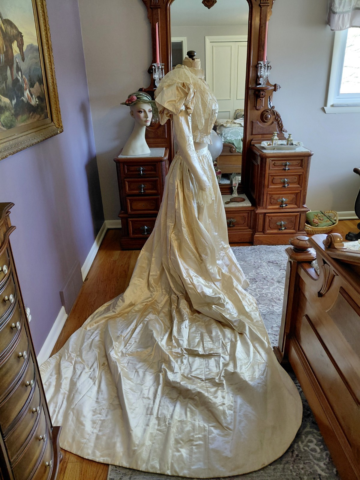 Antique 1890&rsquo;s Satin & Tambour Lace Dress Wedding Ball Gown Leg O Mutton Sleeves