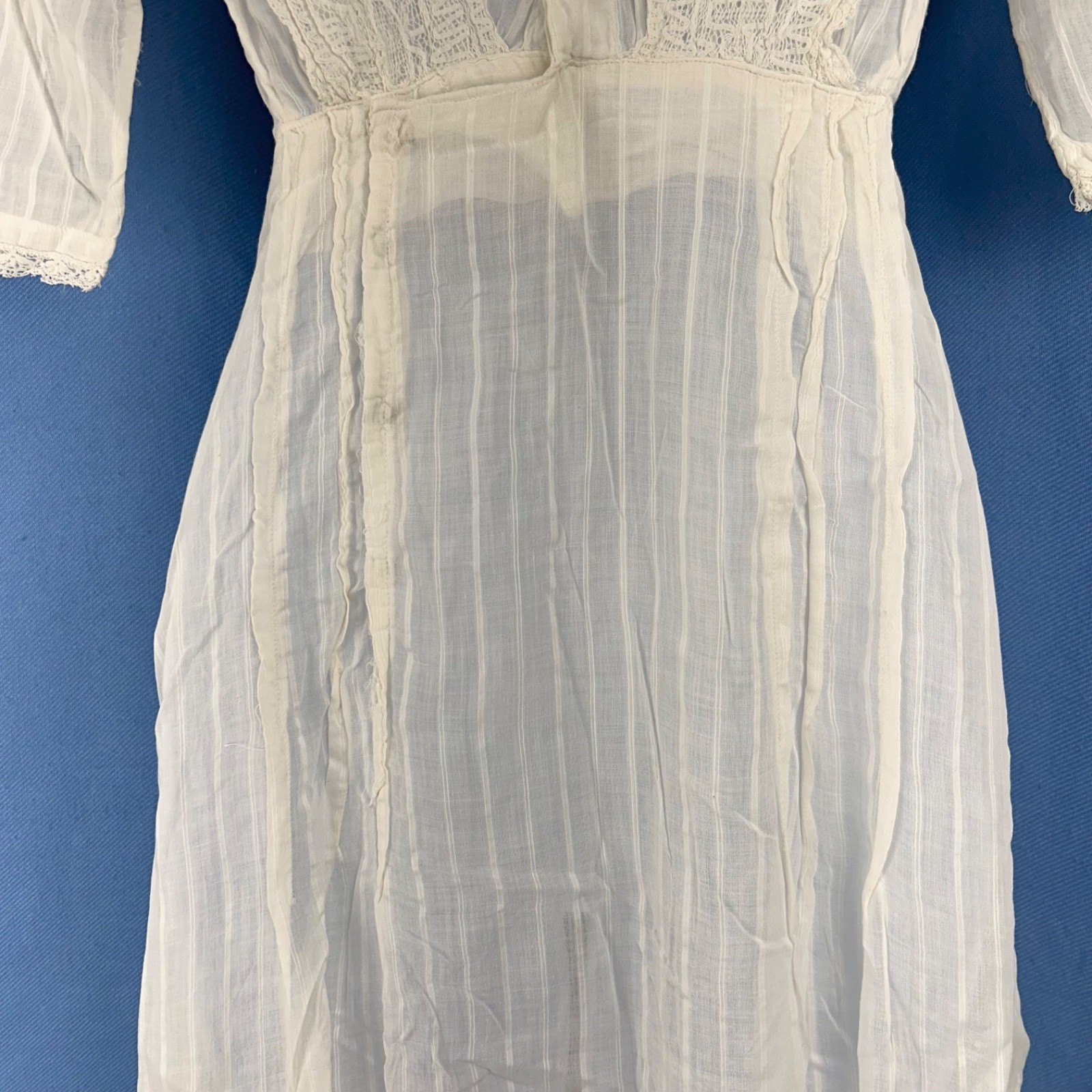 Antique Early 20th Century Sheer White Cotton Tea Gown Pintuck Pleats, Lace