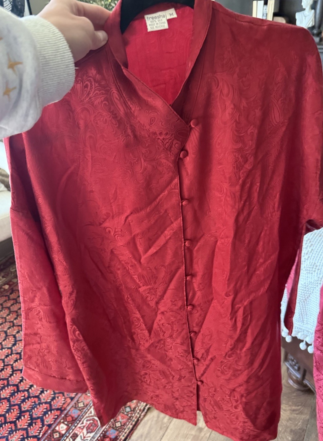 Vintage Oriental Silk Collection 100% Silk Pajamas Size Med Jacquard Red Buttons
