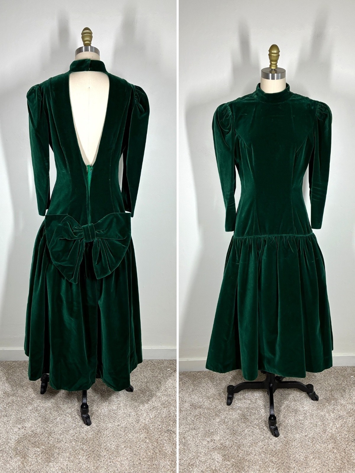 True Vintage House of Bianchi Green Velvet Party Dress Medium 28&Prime; Waist 60s 70s