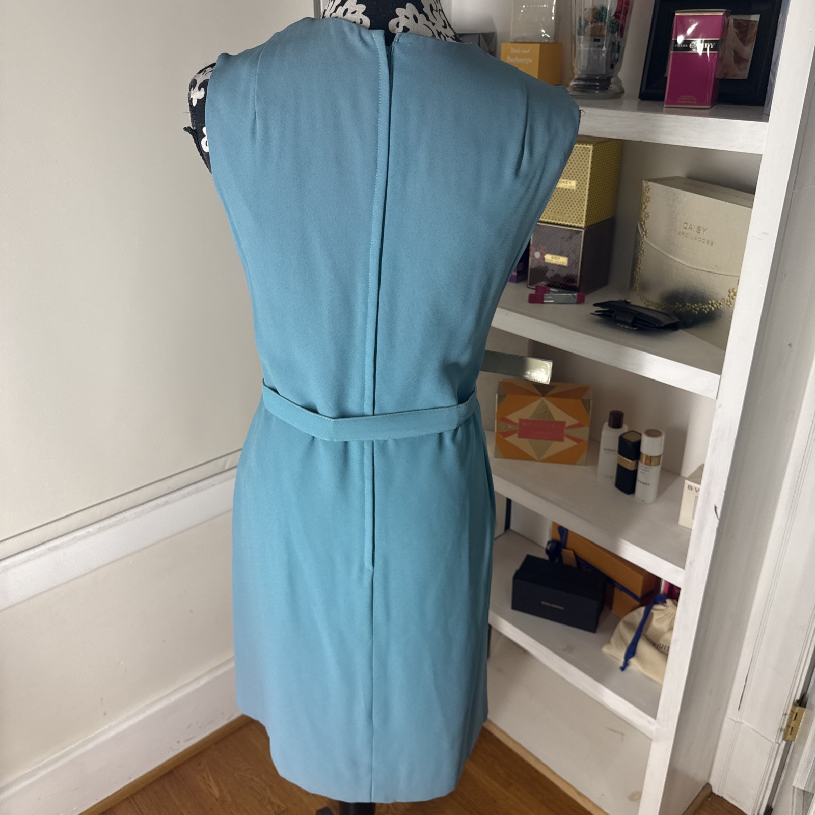 1960’s Vintage Blue Solid Dress Belted Pockets 35x30x37 Nice Condition Stretch