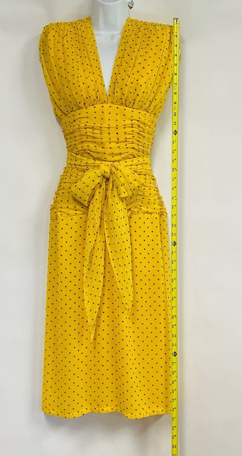 WAYNE CLARK Vtg 80s Yellow Brown Polka Dot Chiffon Draped Dress Floaty Scarf W30