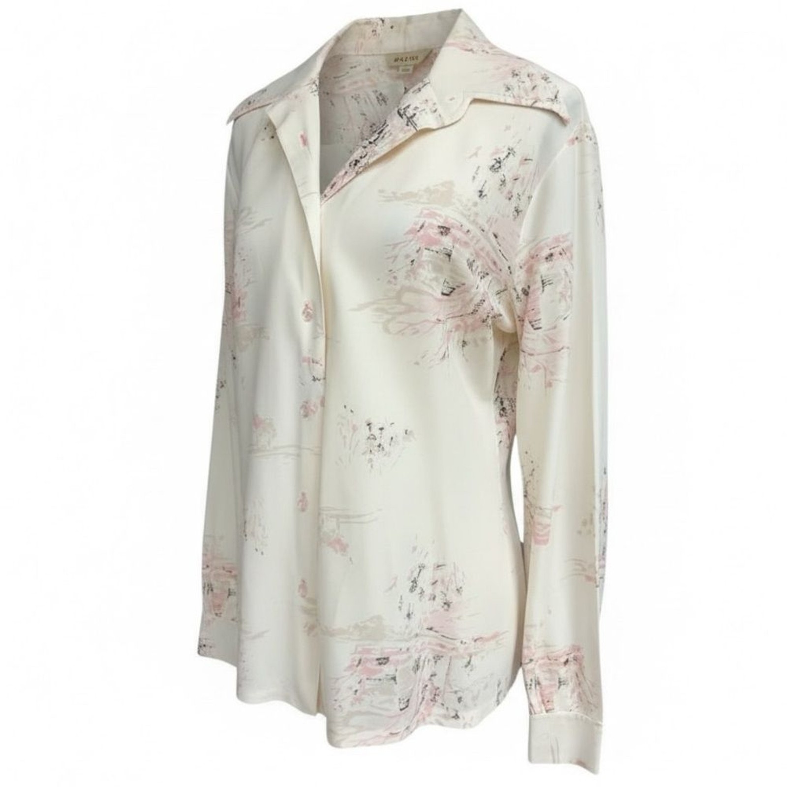 Queen Casuals Ivory Pink Abstract Print 70s Dagger Collar Button-Up Blouse