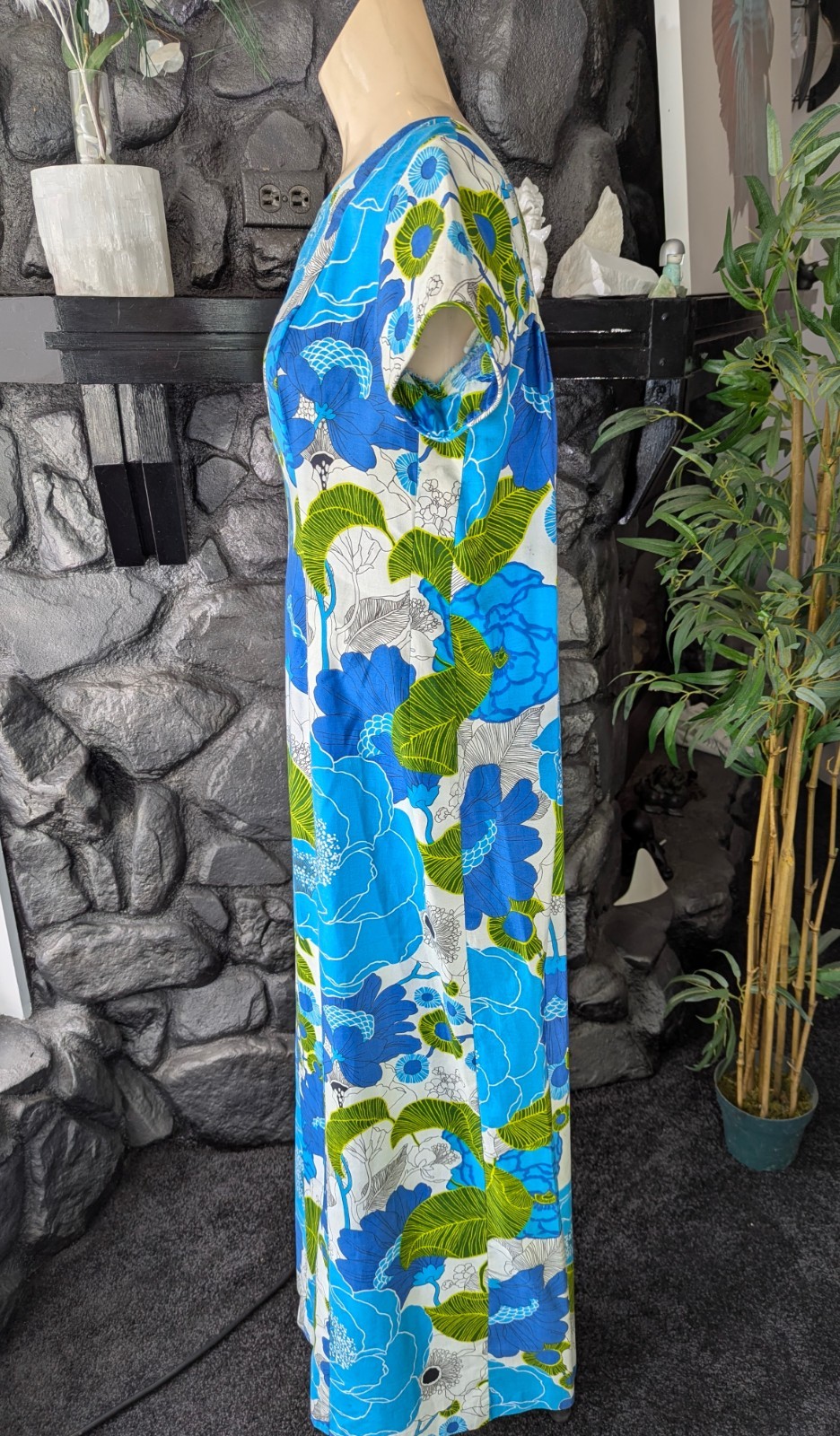 Vintage Lauhala 1970s Hawaiian MuuMuu Aloha Dress Ankle Maxi Sz 10 Blue Train