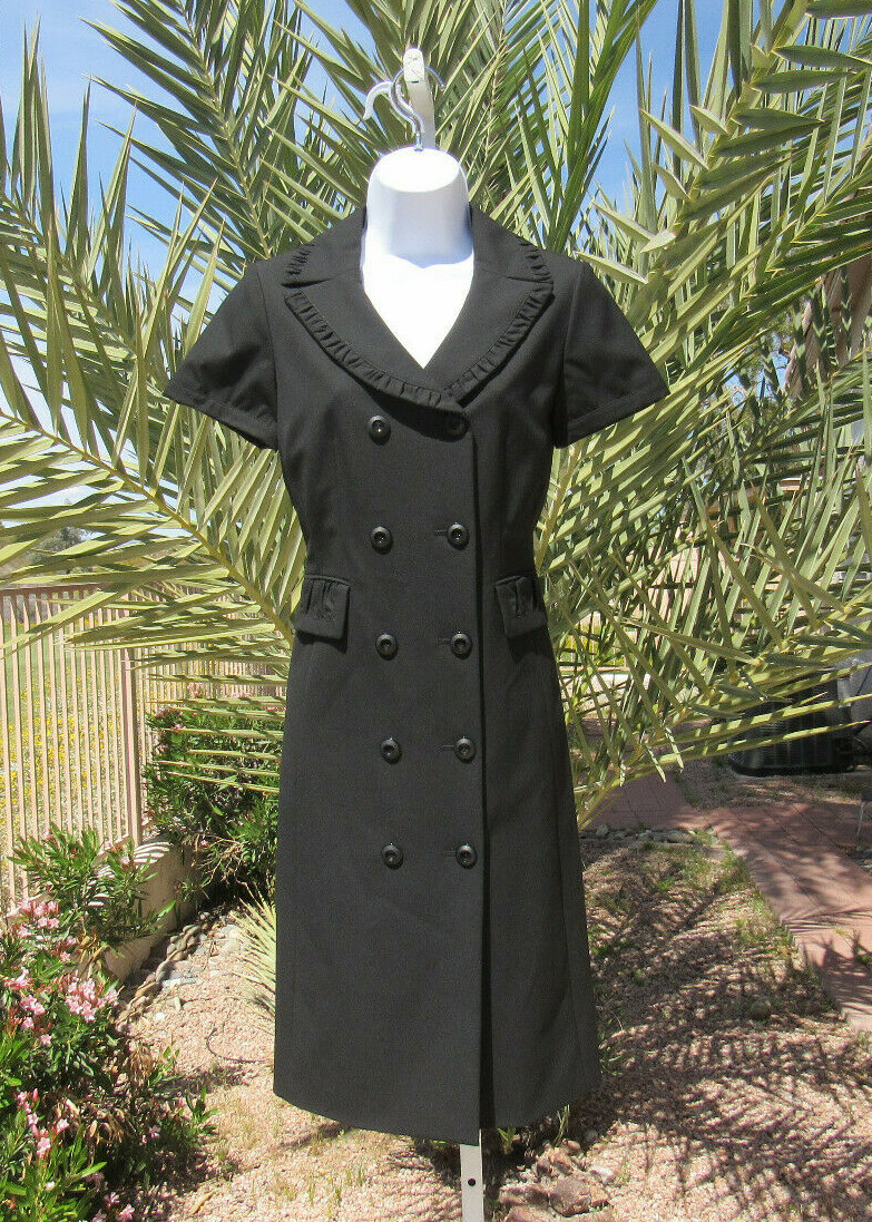 VTG 1980s 90s TAHARI BLACK SIZE 2 DRESS RUFFLE TRIM LINED POLY VISCOSE SPANDEX
