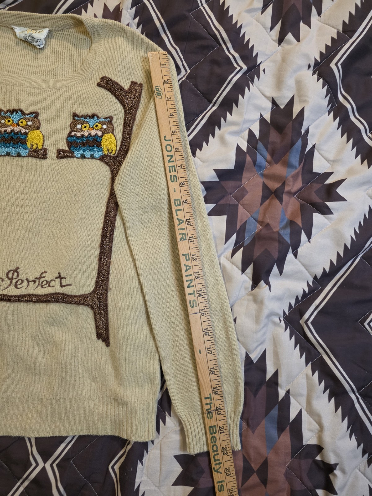Vtg 70s Cyn Les Nobody&rsquo;s Perfect Owls Embroidered Sweater Beige Womens Large