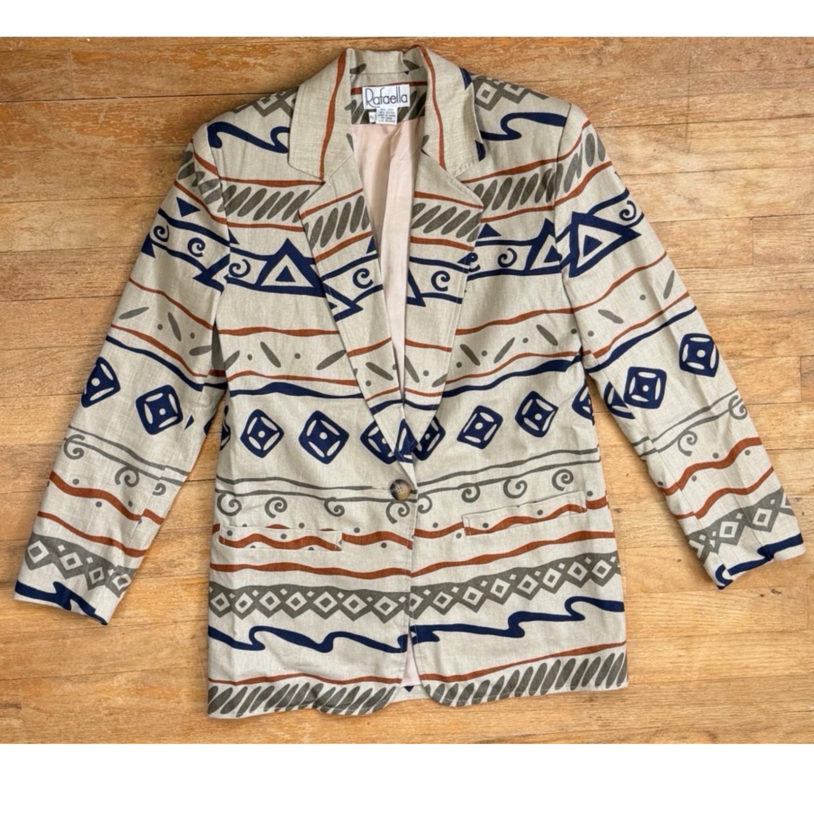 Vintage Linen/Cotton Blazer Size Medium Geometric Art Print Sport Coat Jacket