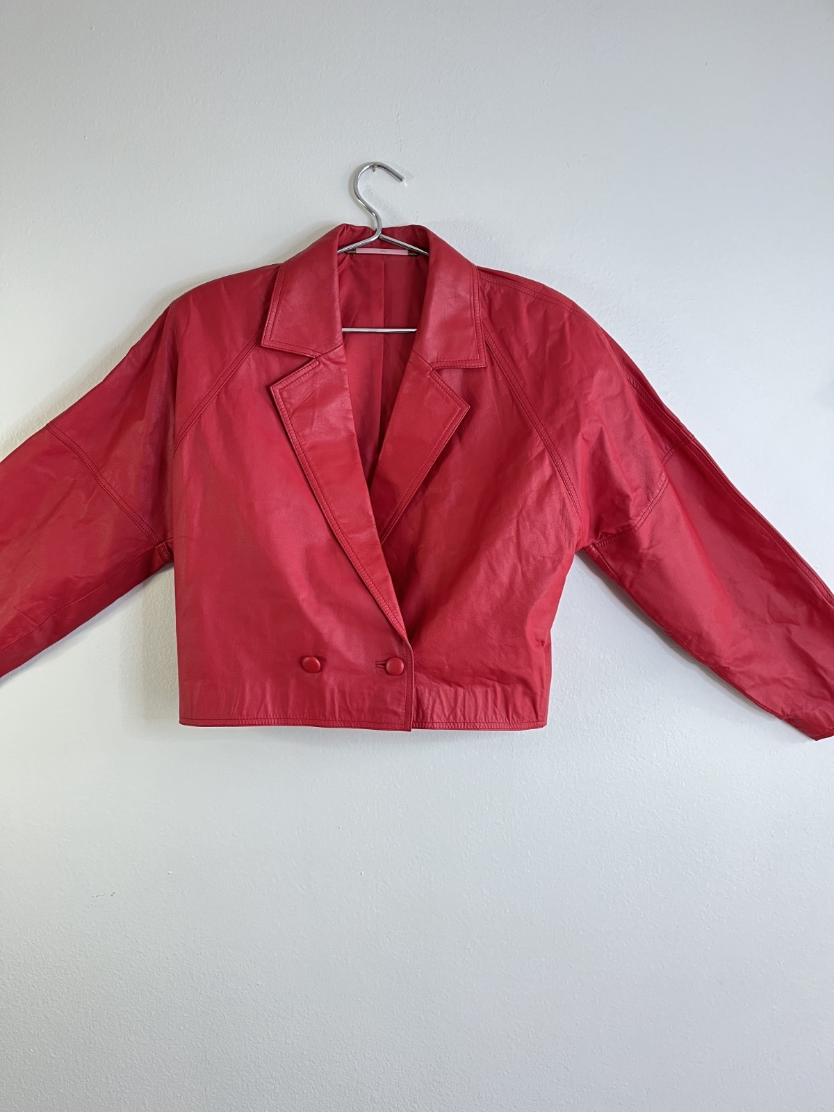 Vintage 1980s Cherry Red Genuine Leather Cropped Jacket & Pants Set Size 36