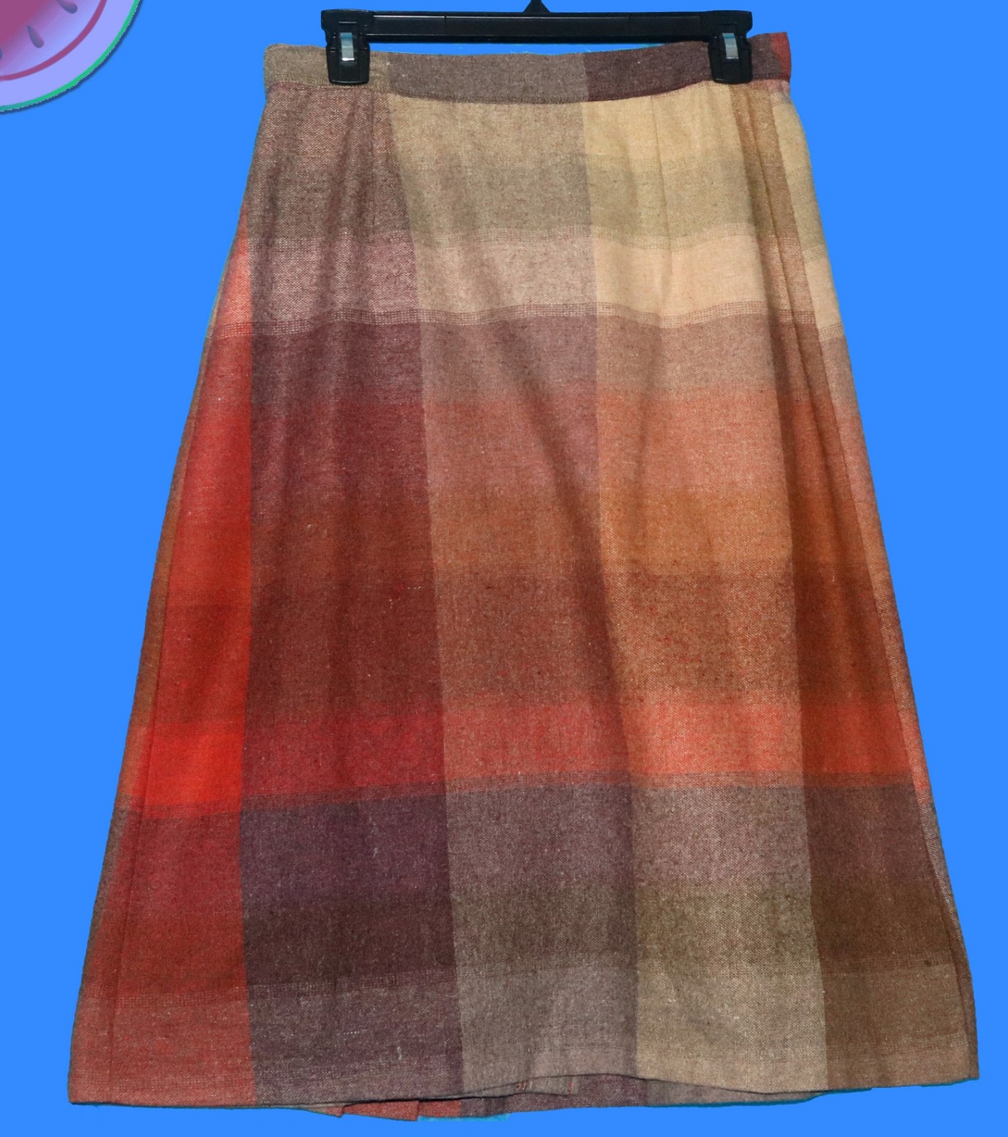 Vintage 70s plaid MIDI SKIRT A-line Tweed Orange Brown Side Button Closure 13/14