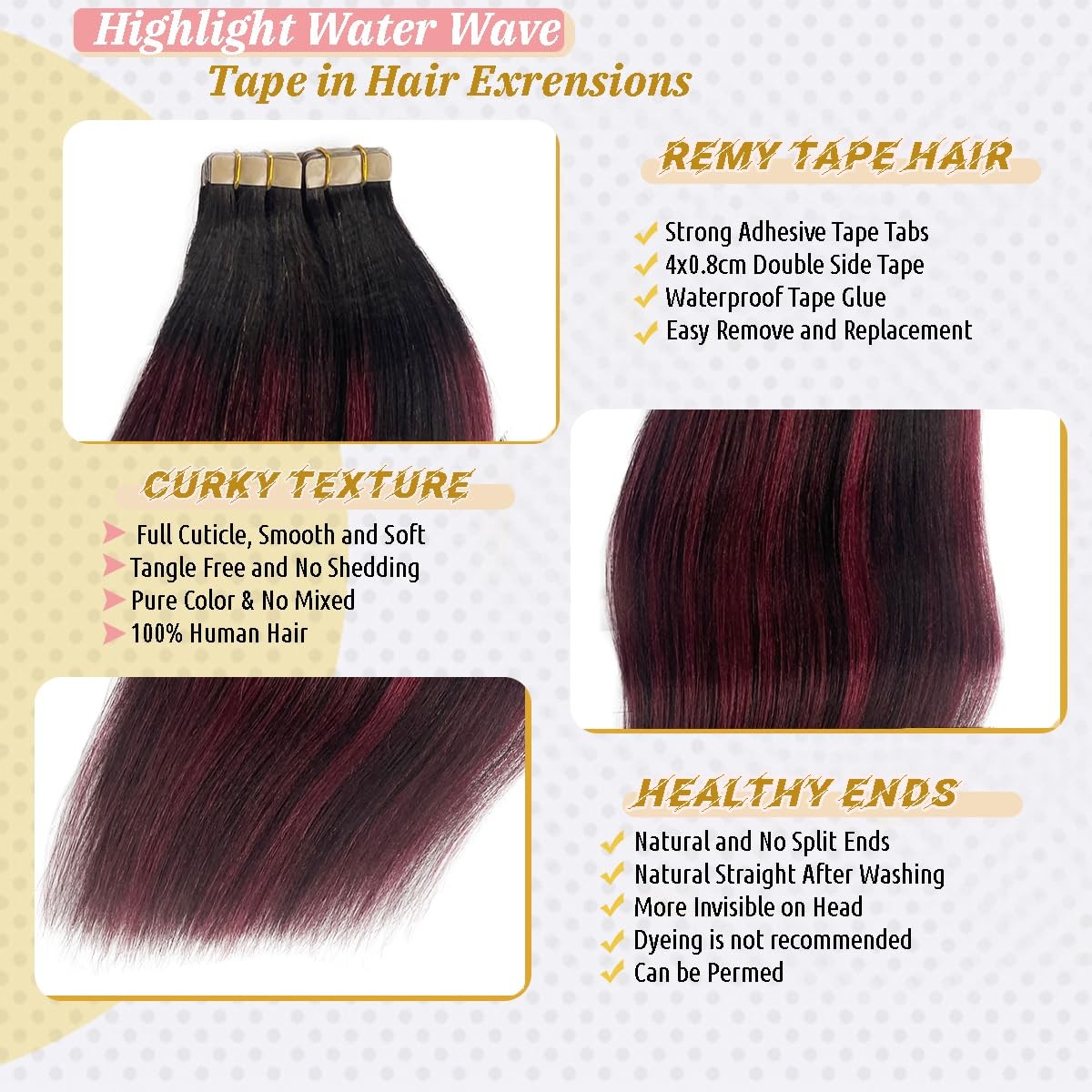 Human Hair Tape-in Extensions Black Remy Yaki Straight Seamless Balayage