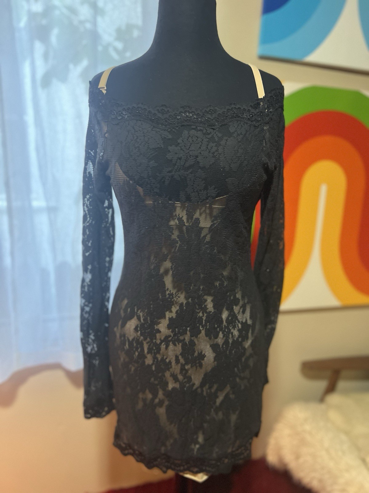 Vtg Y2K Victoria Secret Black Lace Lingerie Dress Bell Sleeves Large