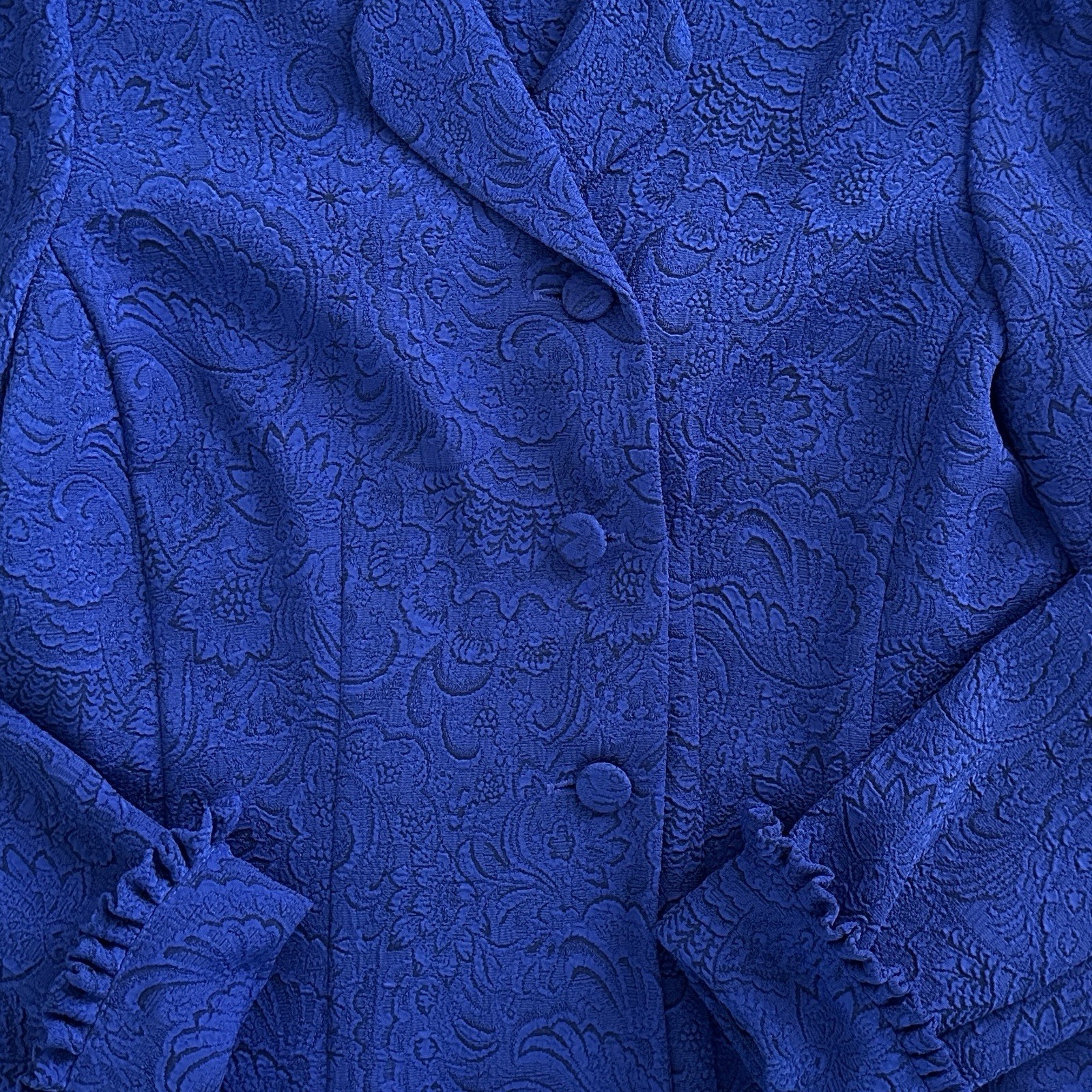 VTG Miss Dorby 2Pc Skirt Suit Set 6P Royal Blue Floral Jacquard Ruffle Coquett