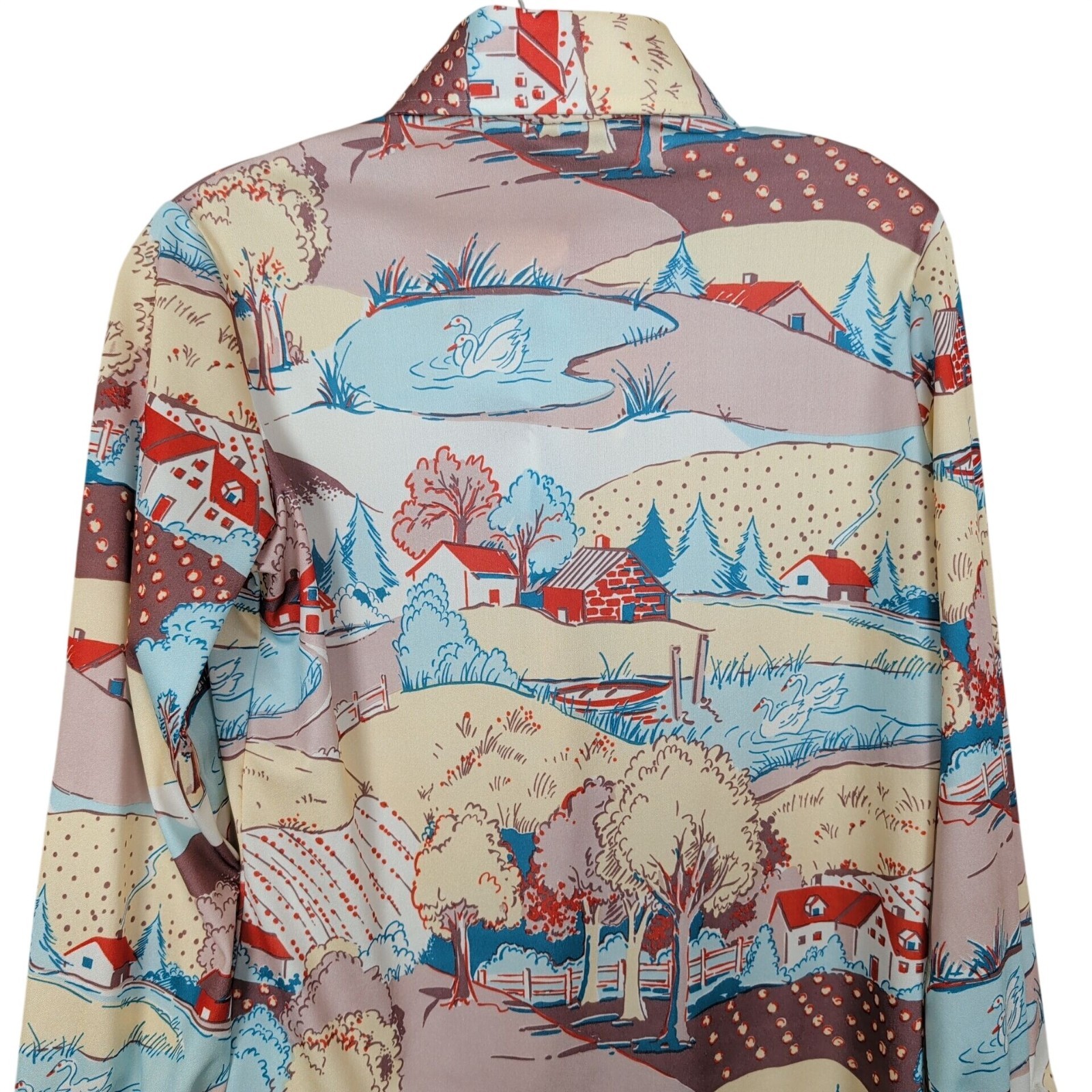 Vintage Catalina Sport Women Novelty Scenic Button Front Blouse Long Sleeve