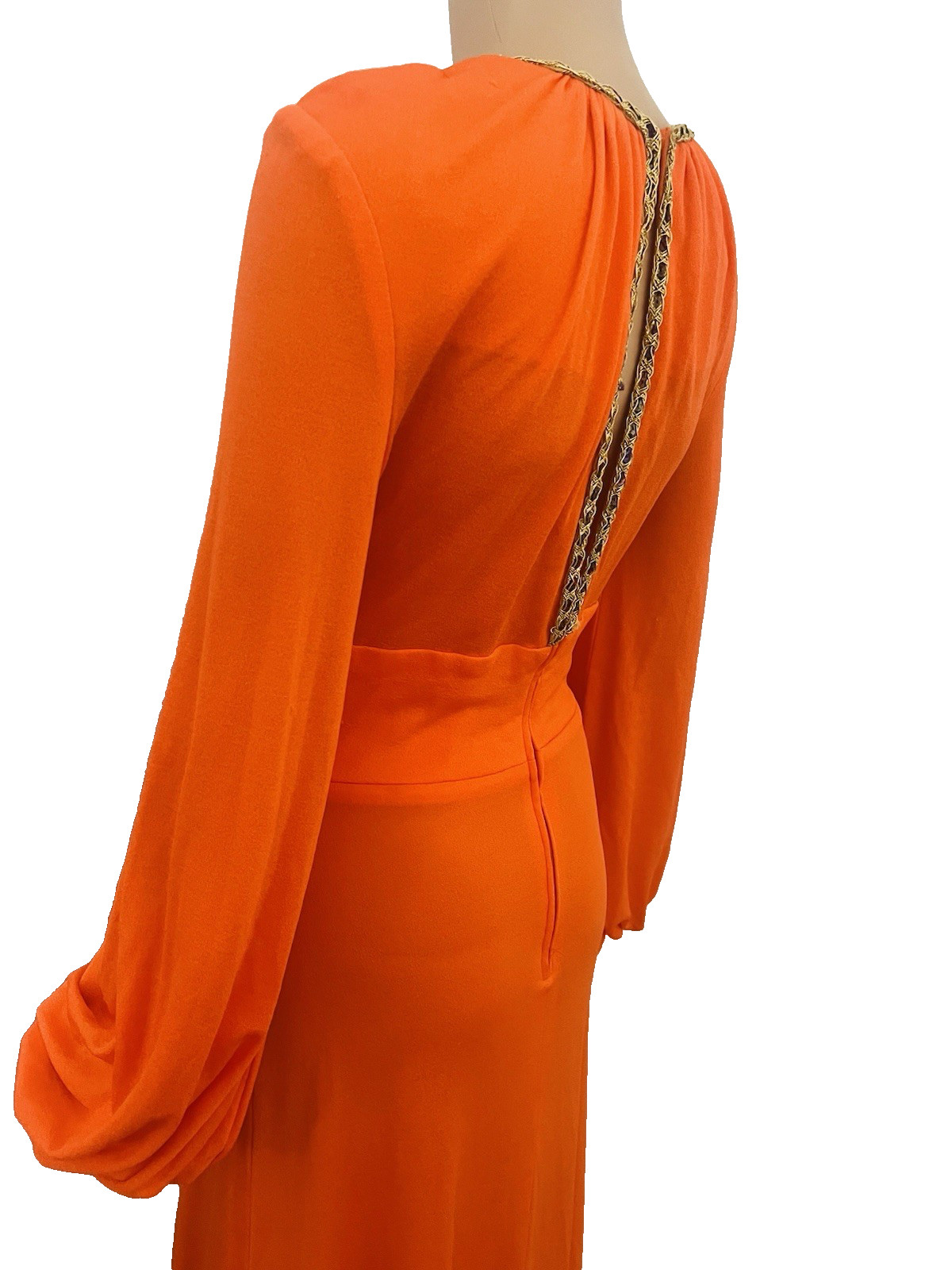 VTG 70s Funky Mod Orange Belted Maxi Dress Sexy Plunging Keyhole Front/Back Med