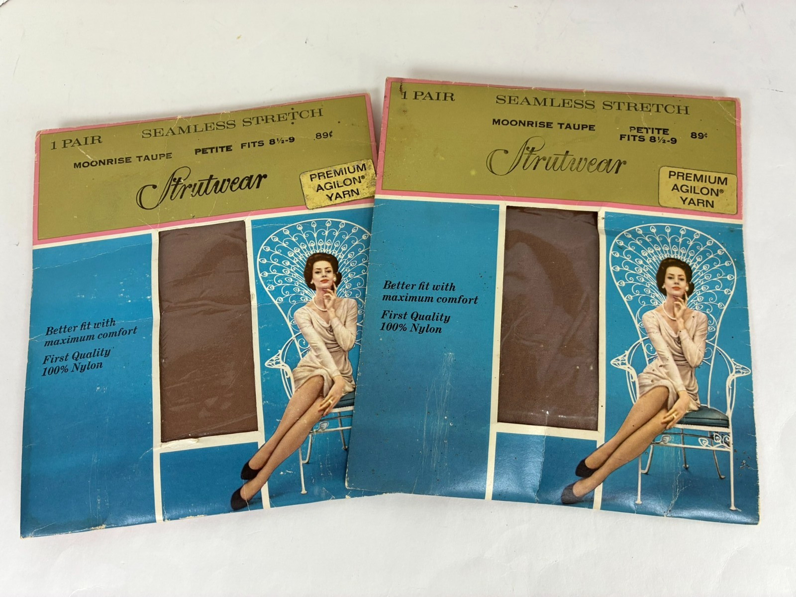 2 Pr NOS Vintage Strutwear Seamless Nylon Stockings Petite 8.5–9 Moonrise Taupe