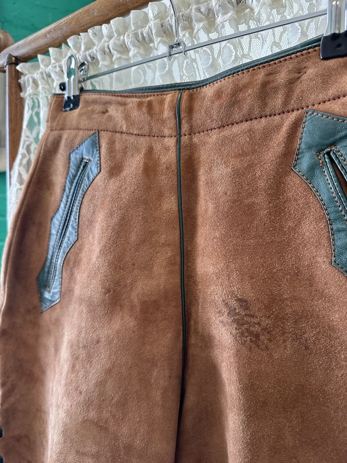 Vintage 1940s Leather Shorts Made In Germany Brown Green Side Buckles 25” Waist