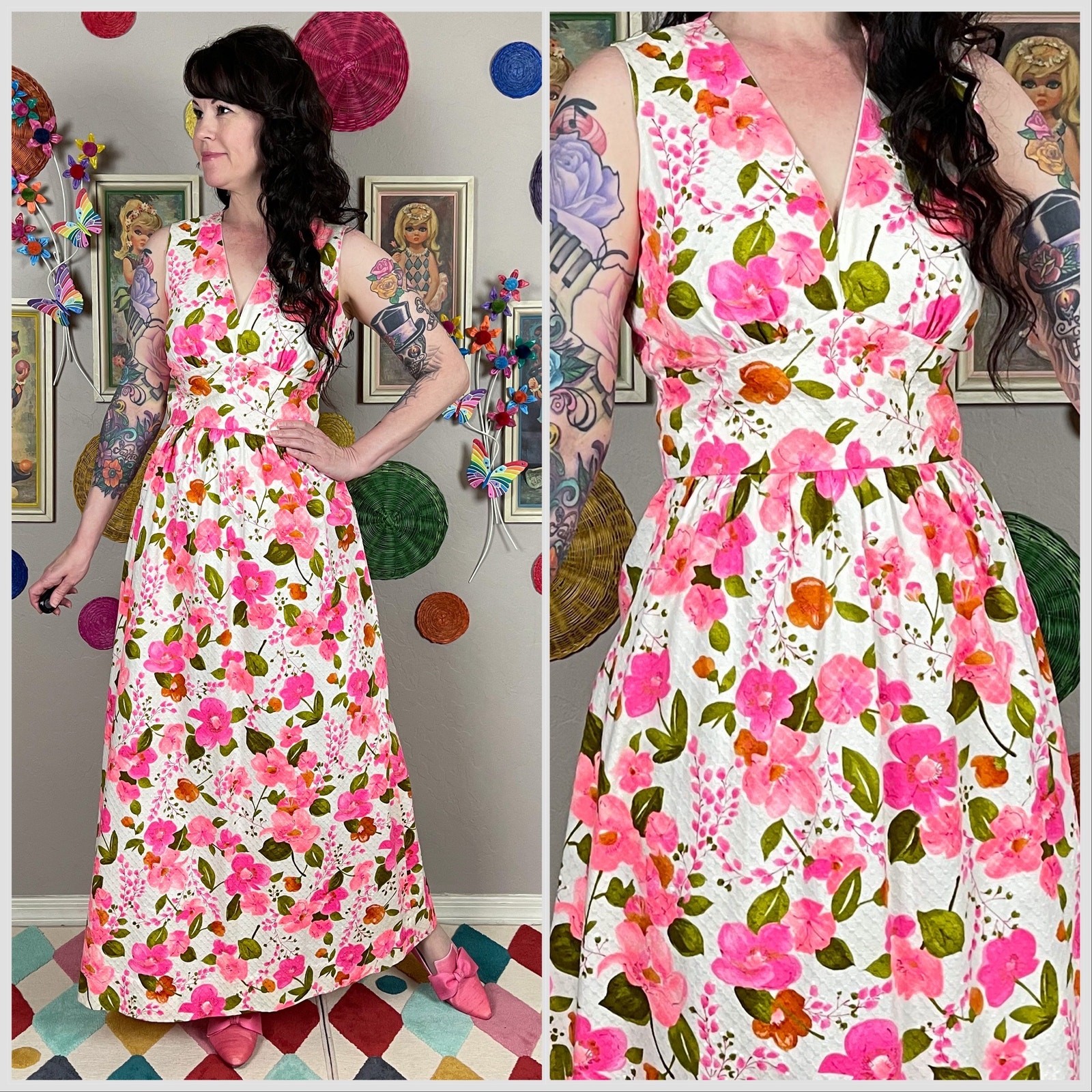 Vintage 1970s Hawaiian Pink Floral Sleeveless Cotton Maxi Dress | 27&Prime;-28&Prime; Waist