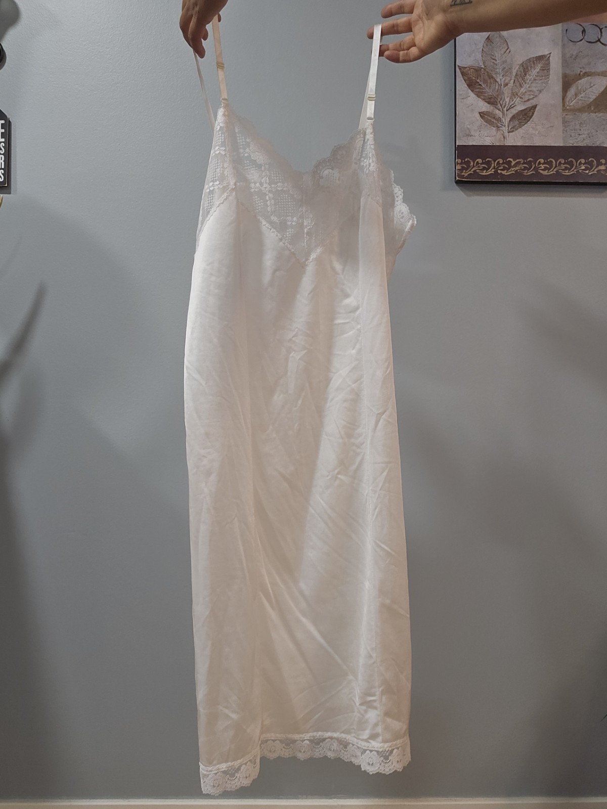 Vintage Sexy Silky Full Slip Dress Chemise SZ 36 White Full Front Lace