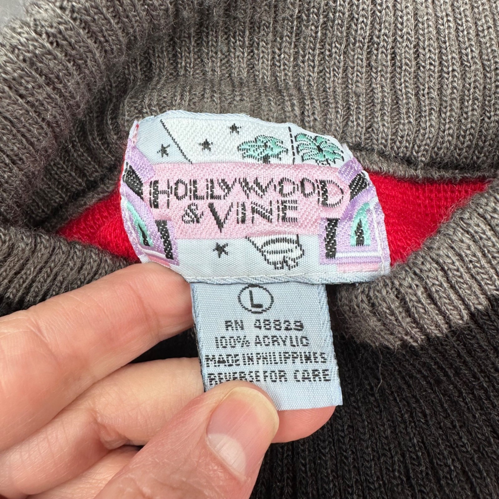 Vintage Colorblock Sweater Large Red Black Gray Acrylic Retro Hollywood Vine 80s