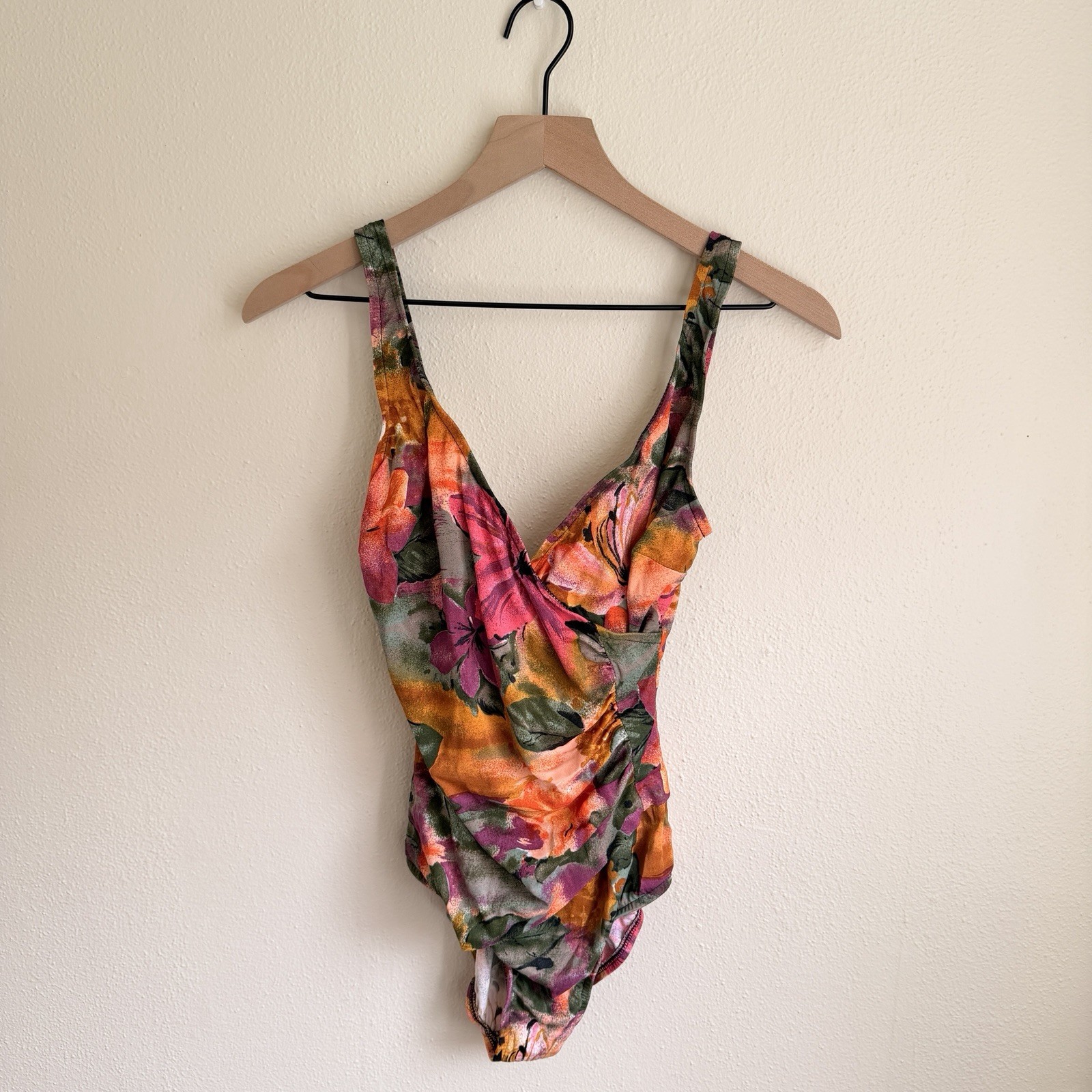 Jantzen 1980s Floral One-Piece Swimsuit Pink Orange Green Size 10 Nylon Lycra