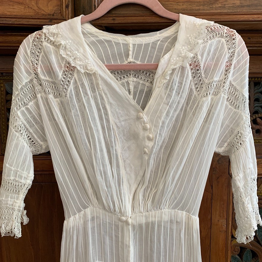 Antique Edwardian White Cotton Dress XXS Crochet Lace Lawn Tea Victorian Sheer